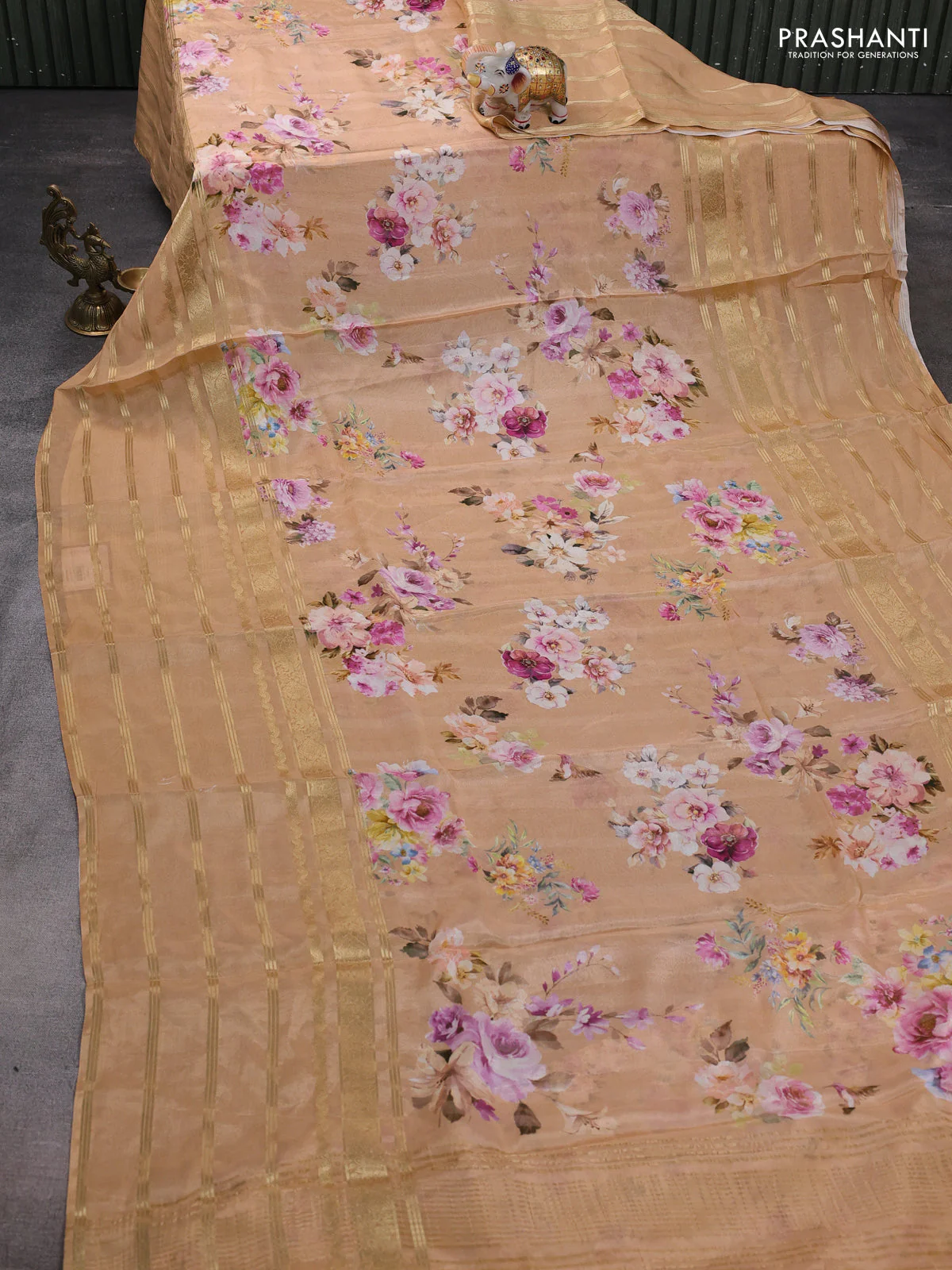 Semi georgette saree orange with allover floral prints and long zari woven border - Image 2