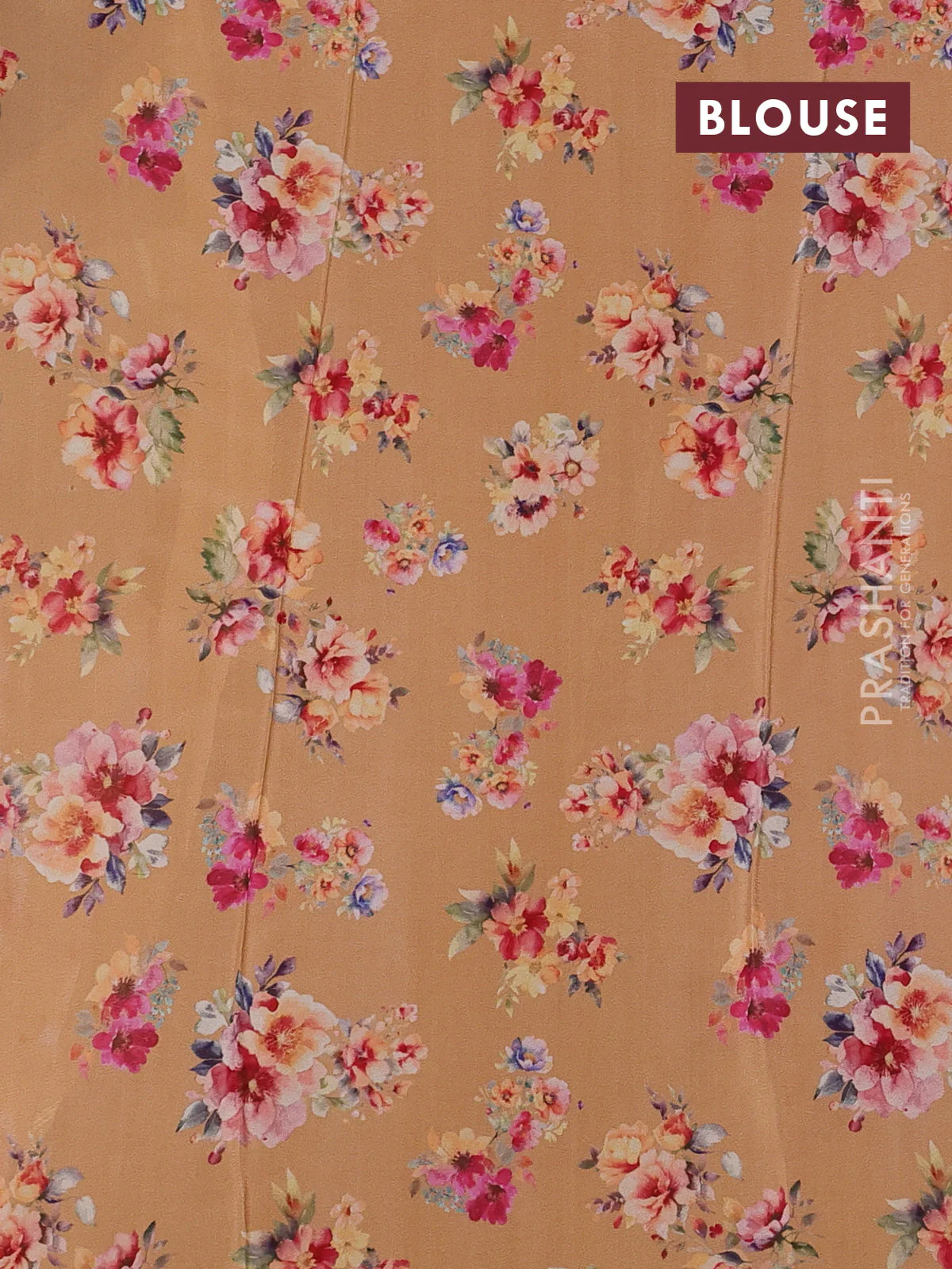 Semi georgette saree pale orange shade with allover floral prints and long zari woven border - Image 3