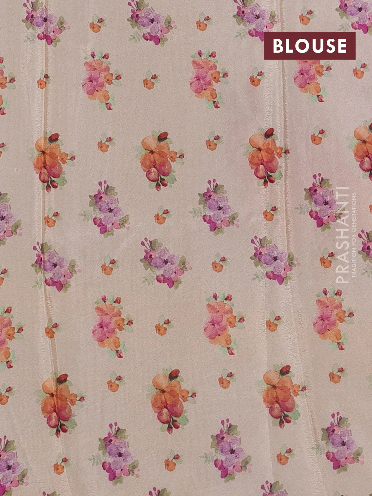 Semi georgette saree pale orange with allover floral prints and long zari woven border - Image 3