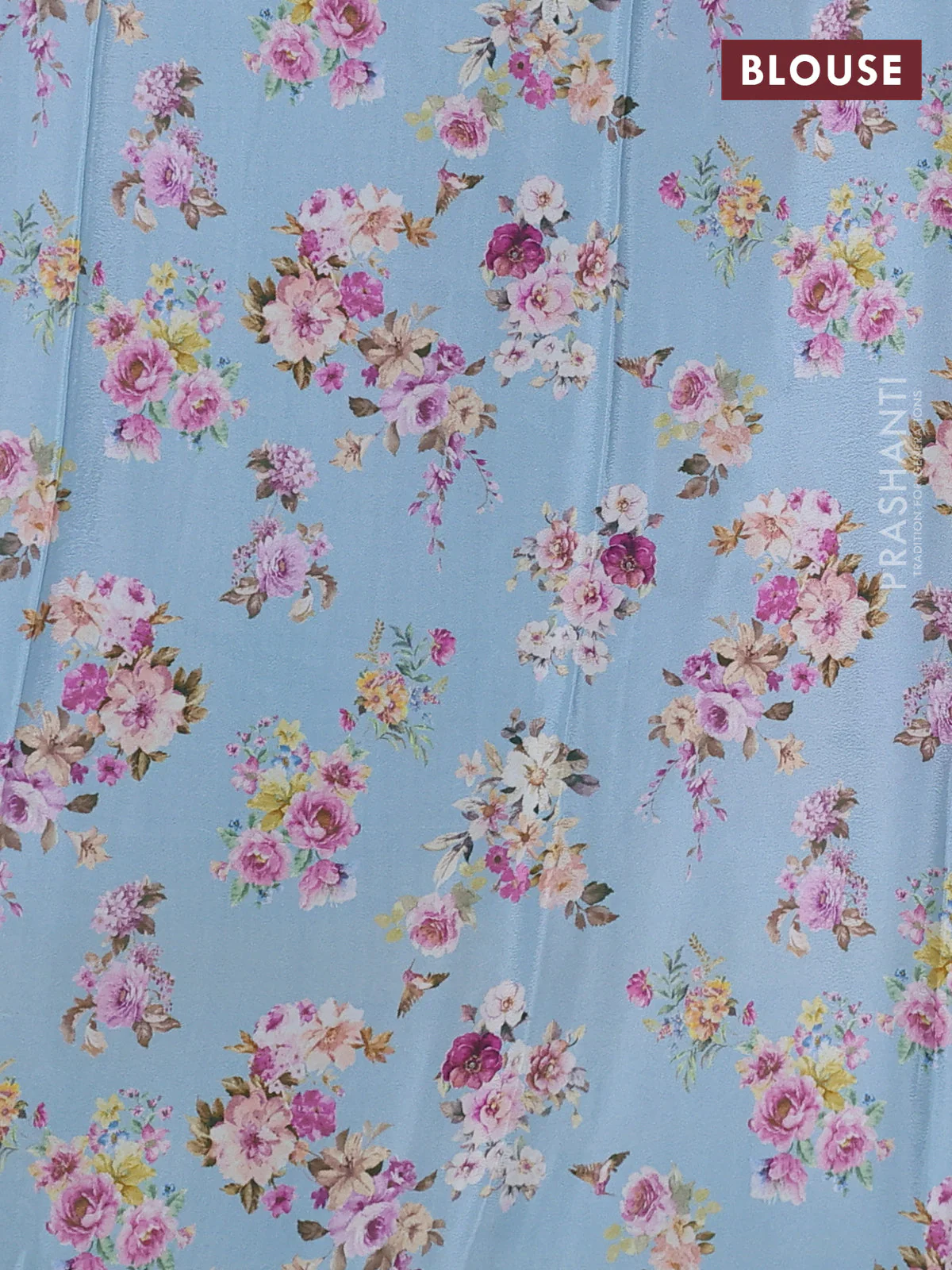 Semi georgette saree pastel blue with allover floral prints and long zari woven border - Image 3