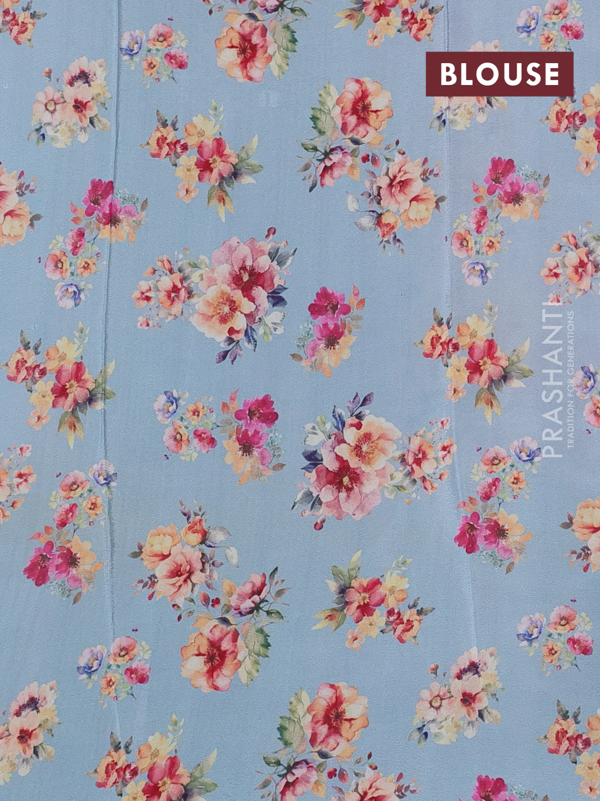 Semi georgette saree pastel blue with allover floral prints and long zari woven border - Image 3