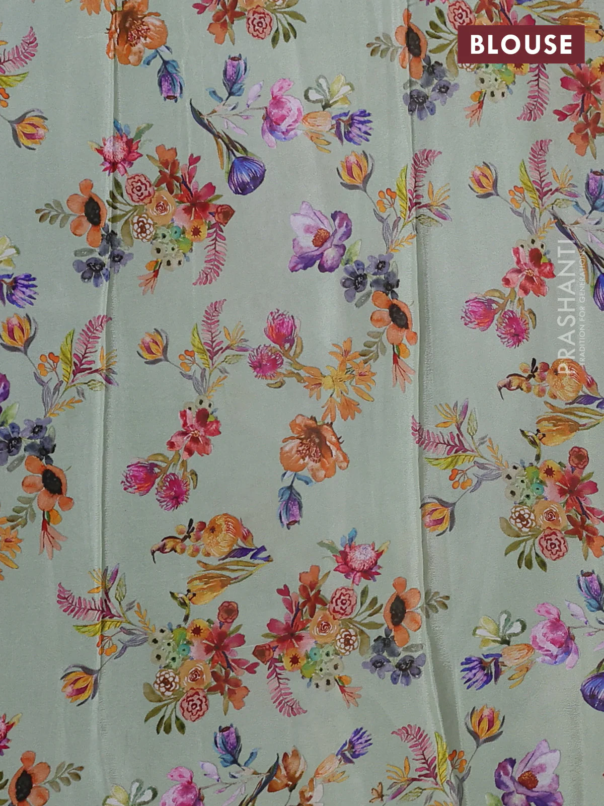 Semi georgette saree pastel green with allover floral prints and long zari woven border - Image 3