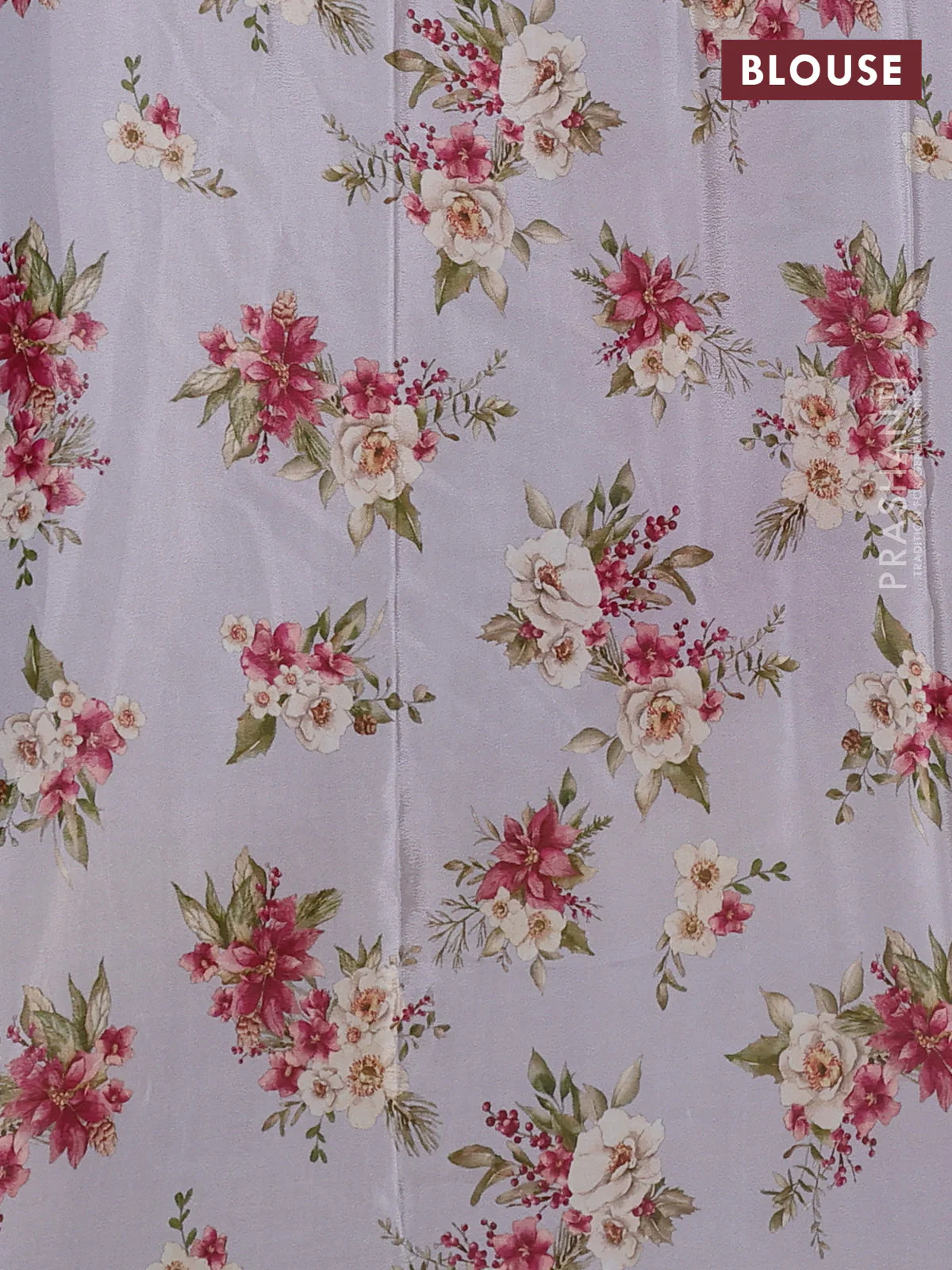 Semi georgette saree pastel grey with allover floral prints and long zari woven border - Image 3