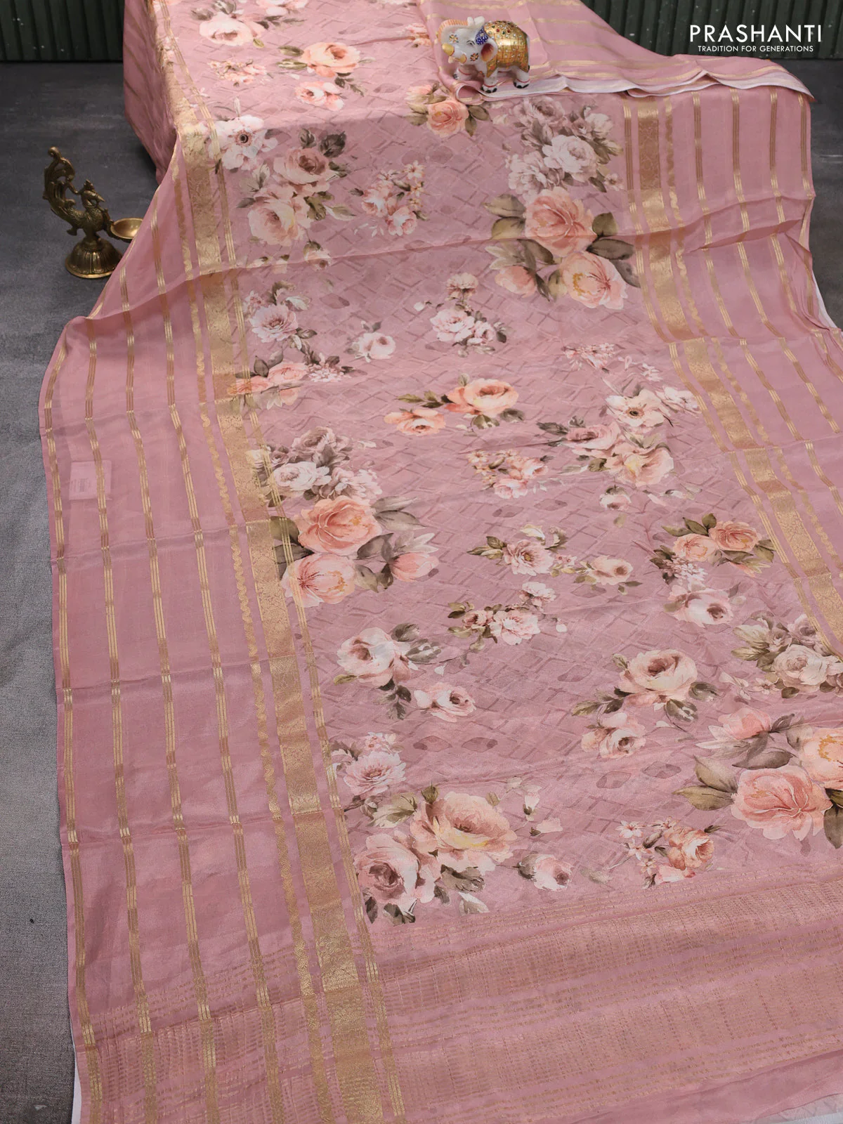 Semi georgette saree pastel peach with allover floral prints and long zari woven border - Image 2