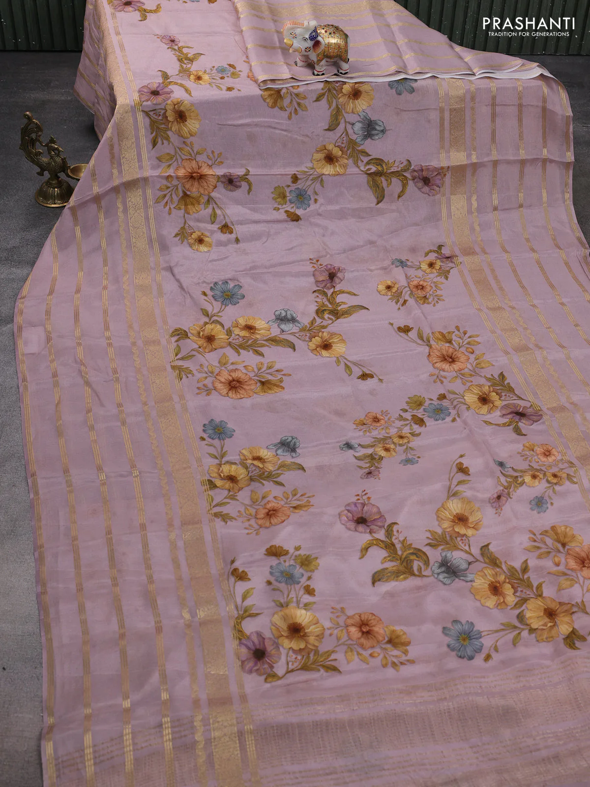 Semi georgette saree pastel pink with allover floral prints and long zari woven border - Image 2