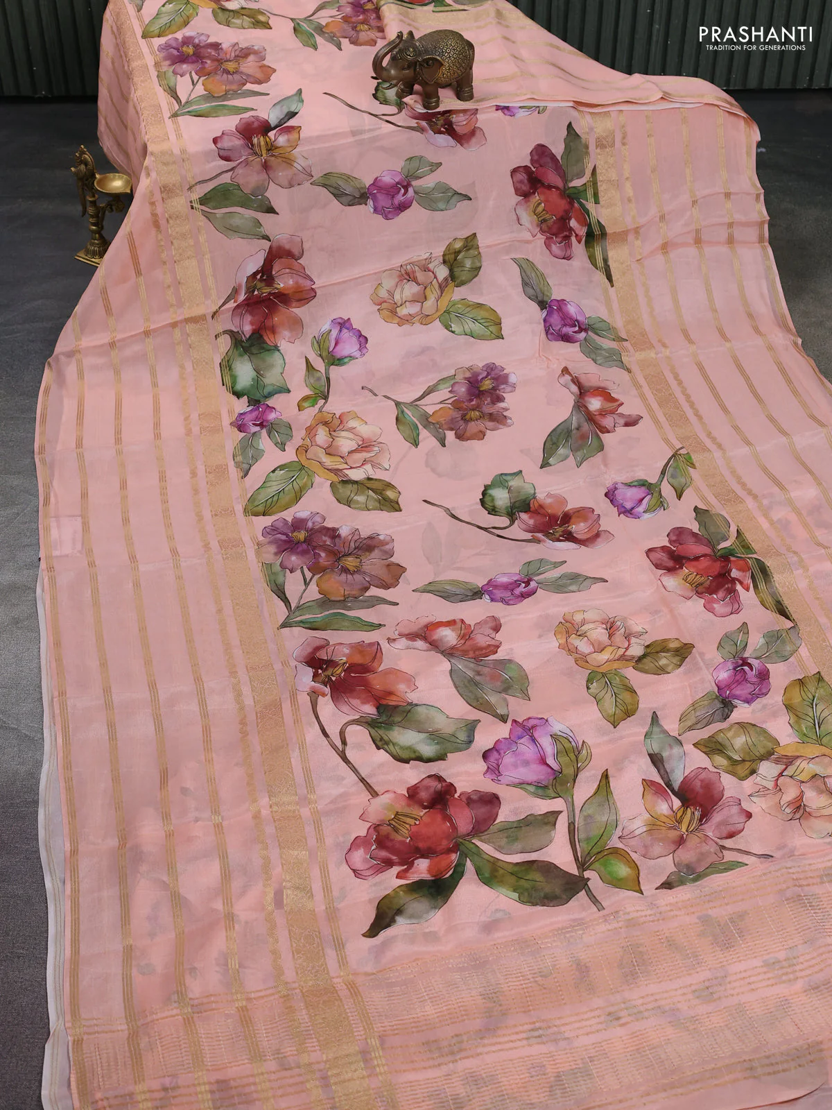 Semi georgette saree peach orange with allover floral prints and long zari woven border - Image 2