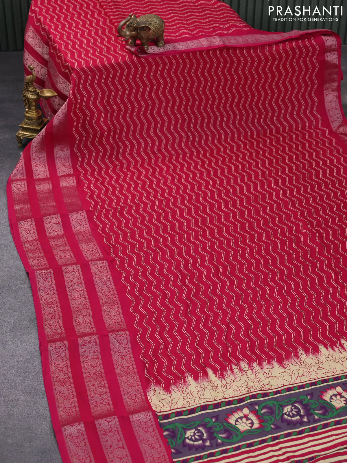 Semi georgette saree pink with allover zig zag prints and long zari woven border - Image 2