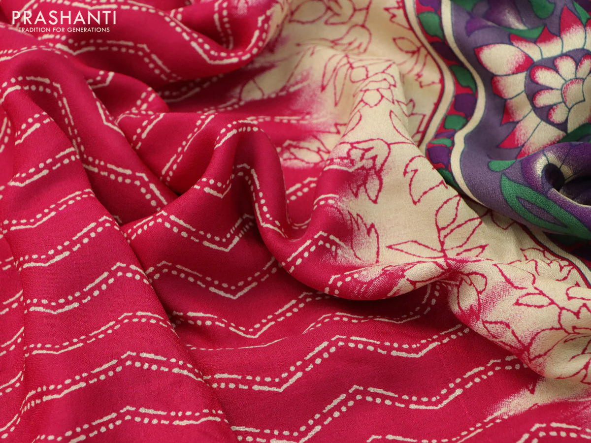 Semi georgette saree pink with allover zig zag prints and long zari woven border - Image 3