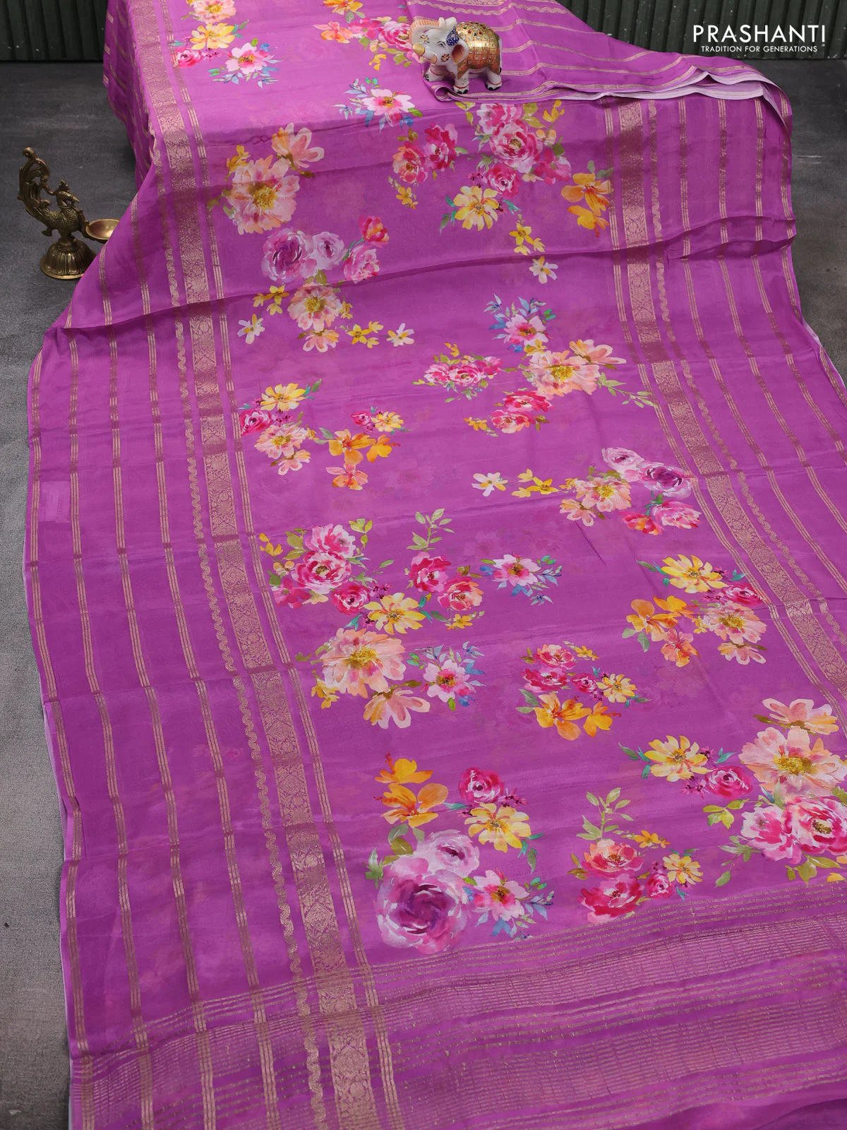 Semi georgette saree purple with allover floral prints and long zari woven border - Image 2