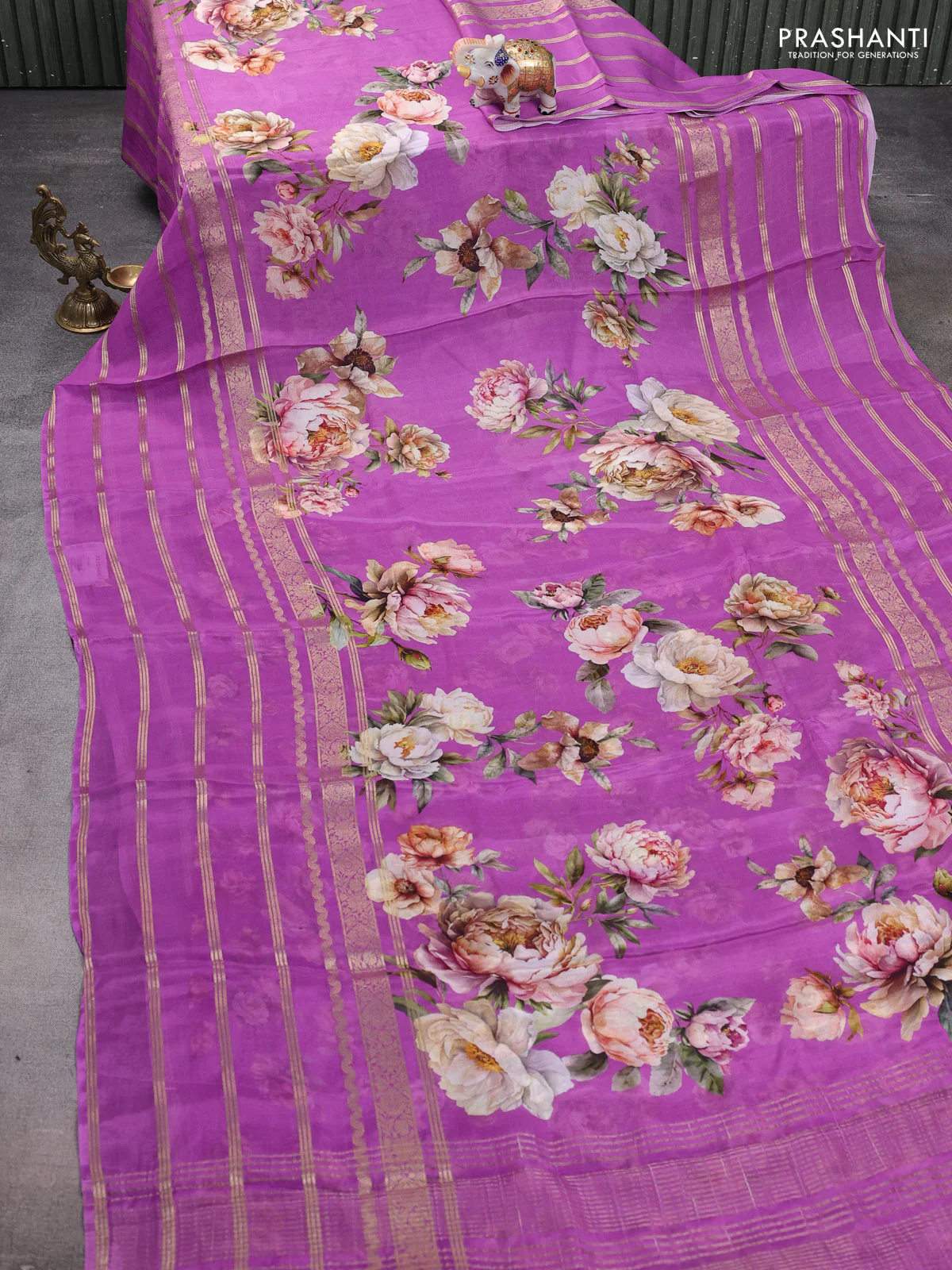 Semi georgette saree purple with allover floral prints and long zari woven border - Image 2