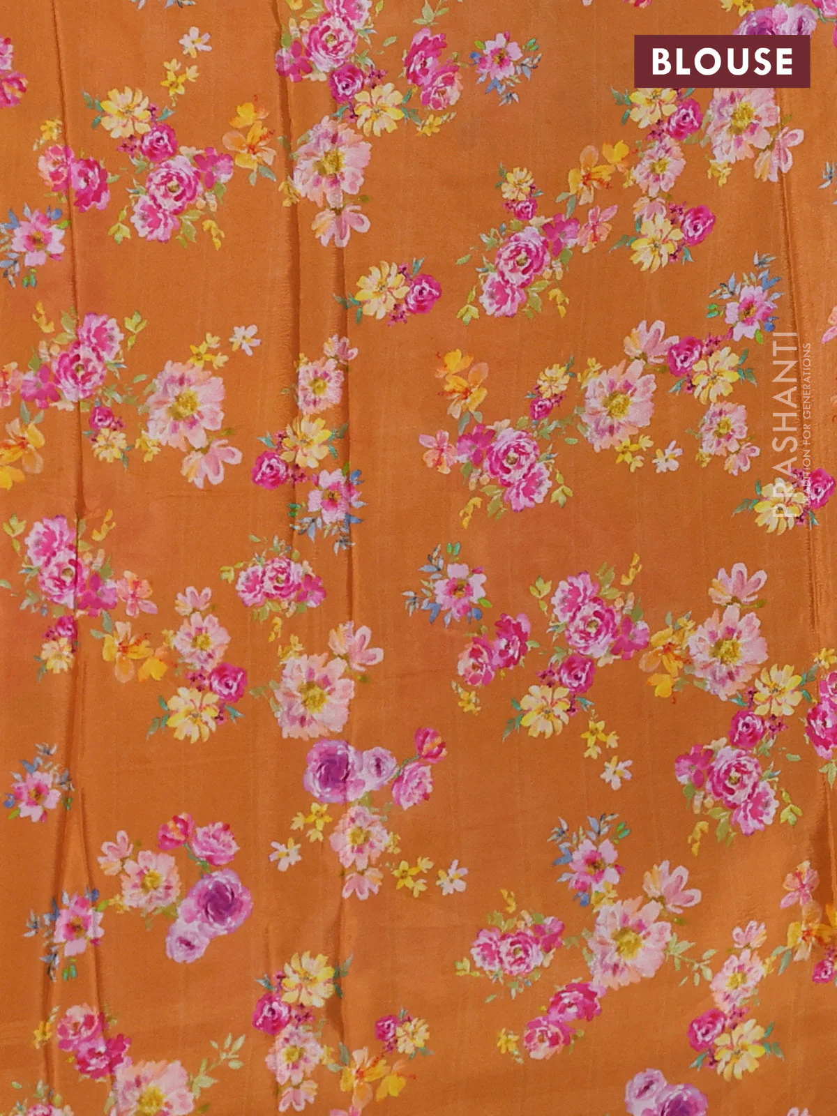 Semi georgette saree rustic orange with allover floral prints and long zari woven border - Image 3