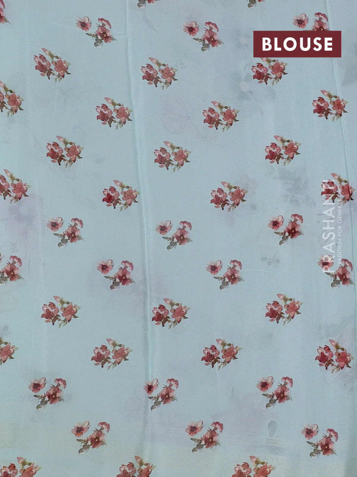 Semi georgette saree teal green shade with allover floral prints and long zari woven border - Image 3