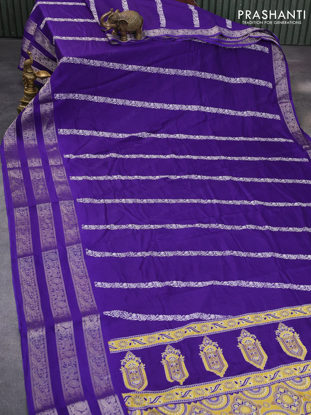 Semi georgette saree violet with allover prints and long zari woven border - Image 2
