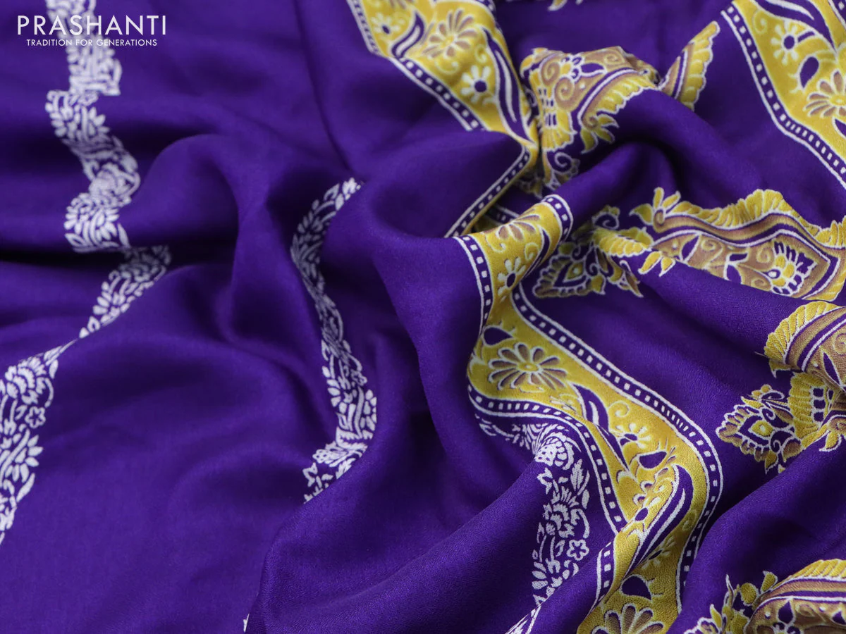 Semi georgette saree violet with allover prints and long zari woven border - Image 3