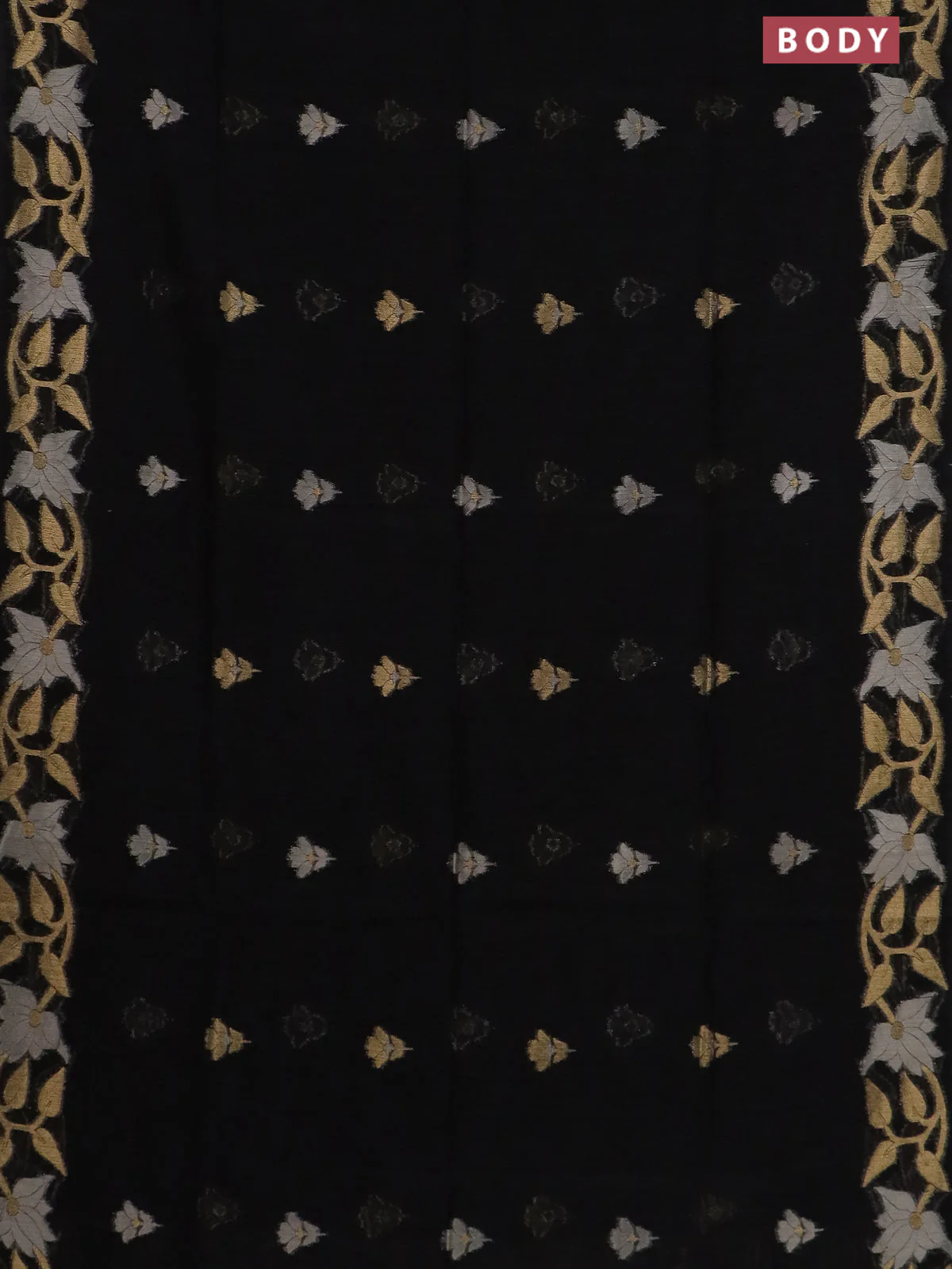 Semi jute linen saree black with zari woven floral buttas and zari woven border - Image 2