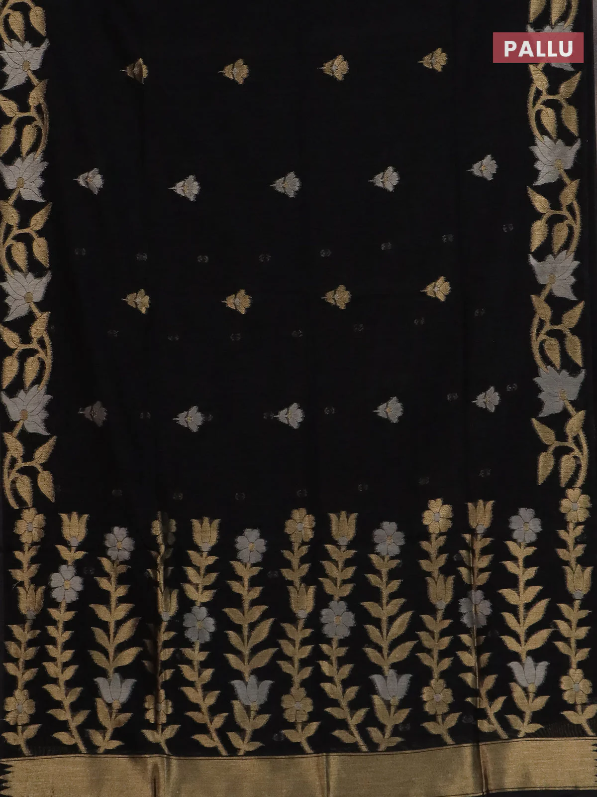 Semi jute linen saree black with zari woven floral buttas and zari woven border - Image 3