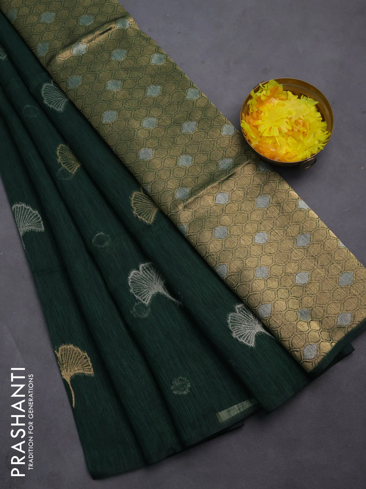 Semi jute linen saree bottle green with silver and gold zari woven floral buttas in borderless style