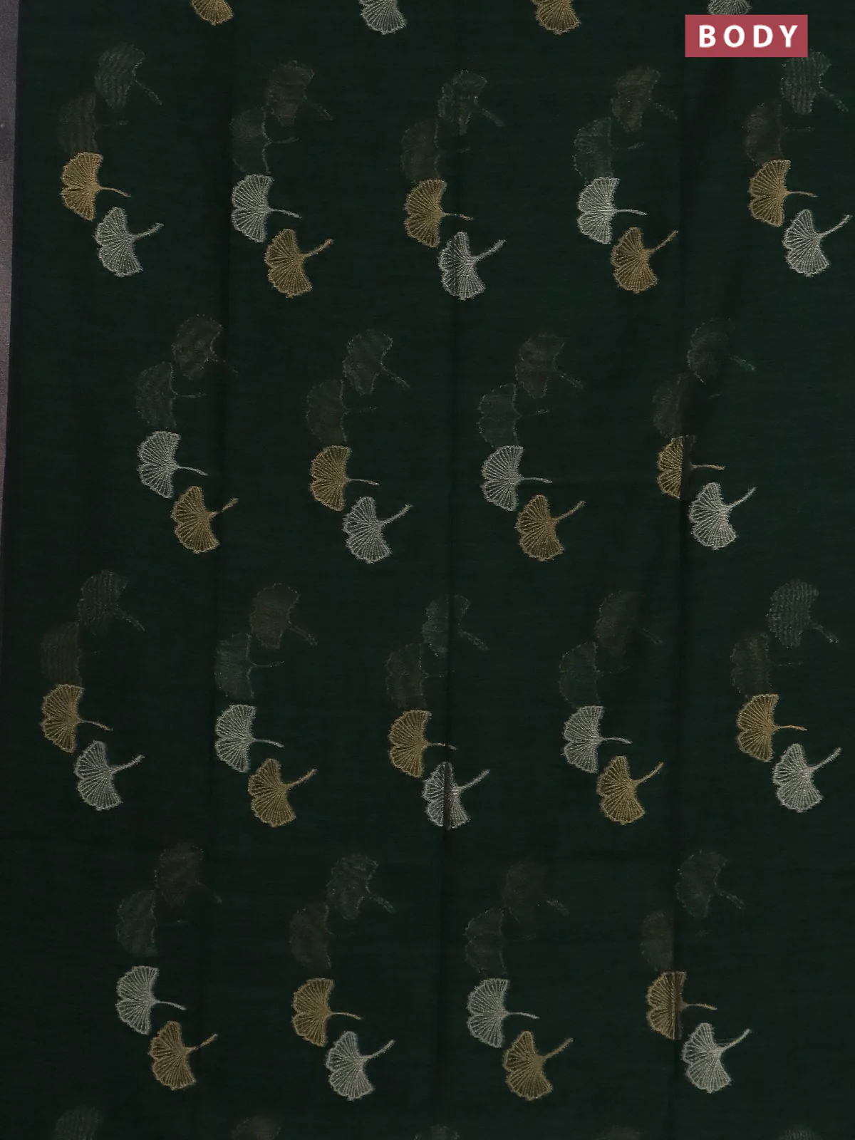 Semi jute linen saree bottle green with silver and gold zari woven floral buttas in borderless style - Image 2