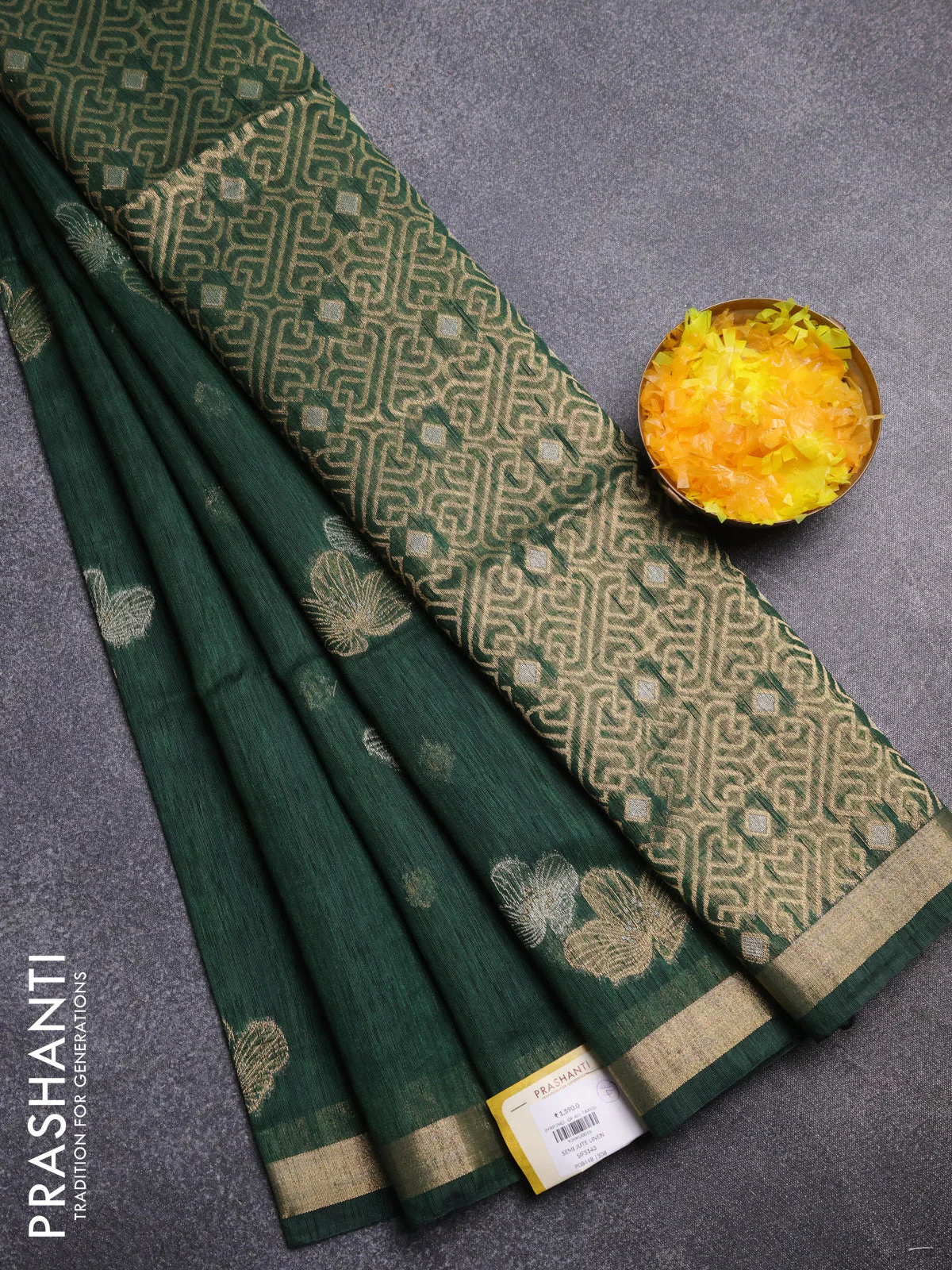 Semi jute linen saree bottle green with silver & gold zari woven buttas and zari woven border