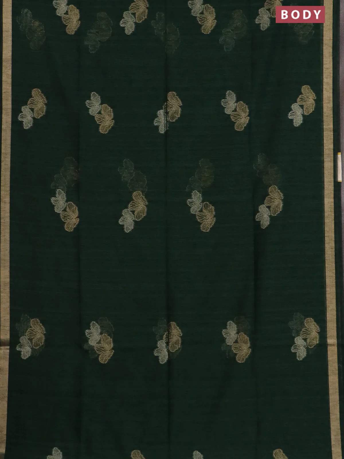 Semi jute linen saree bottle green with silver & gold zari woven buttas and zari woven border - Image 2