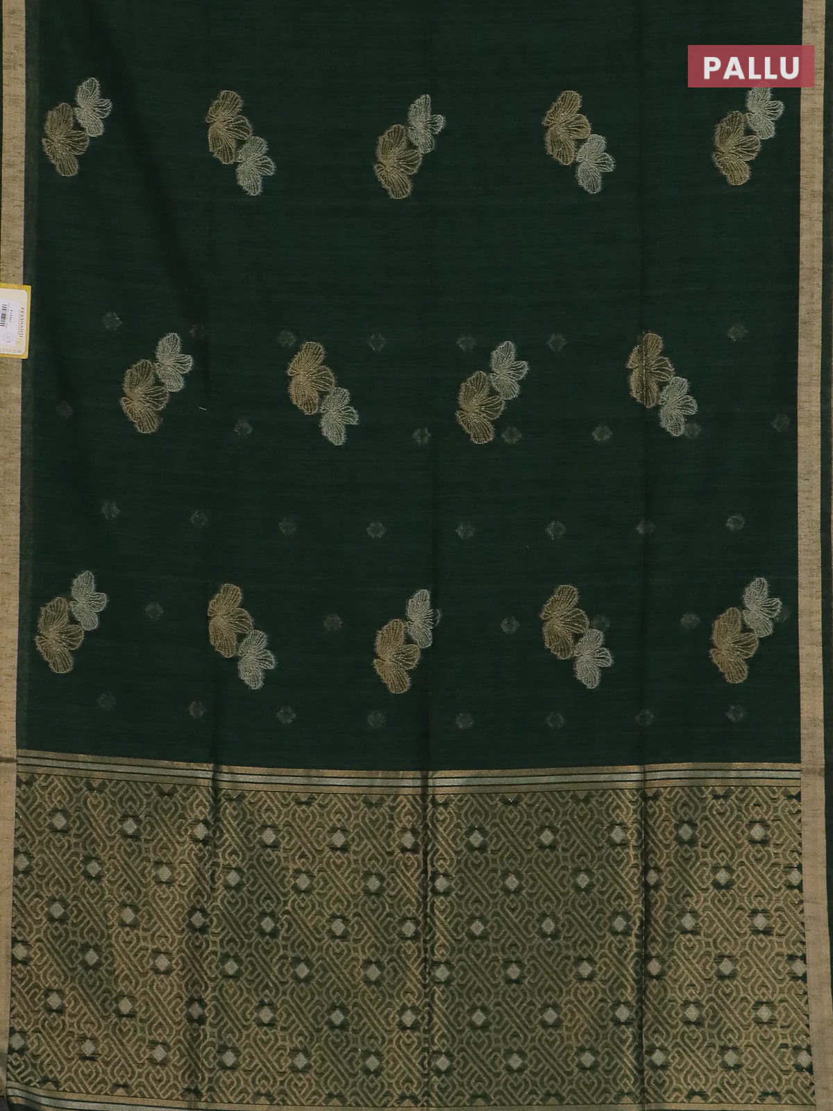 Semi jute linen saree bottle green with silver & gold zari woven buttas and zari woven border - Image 3