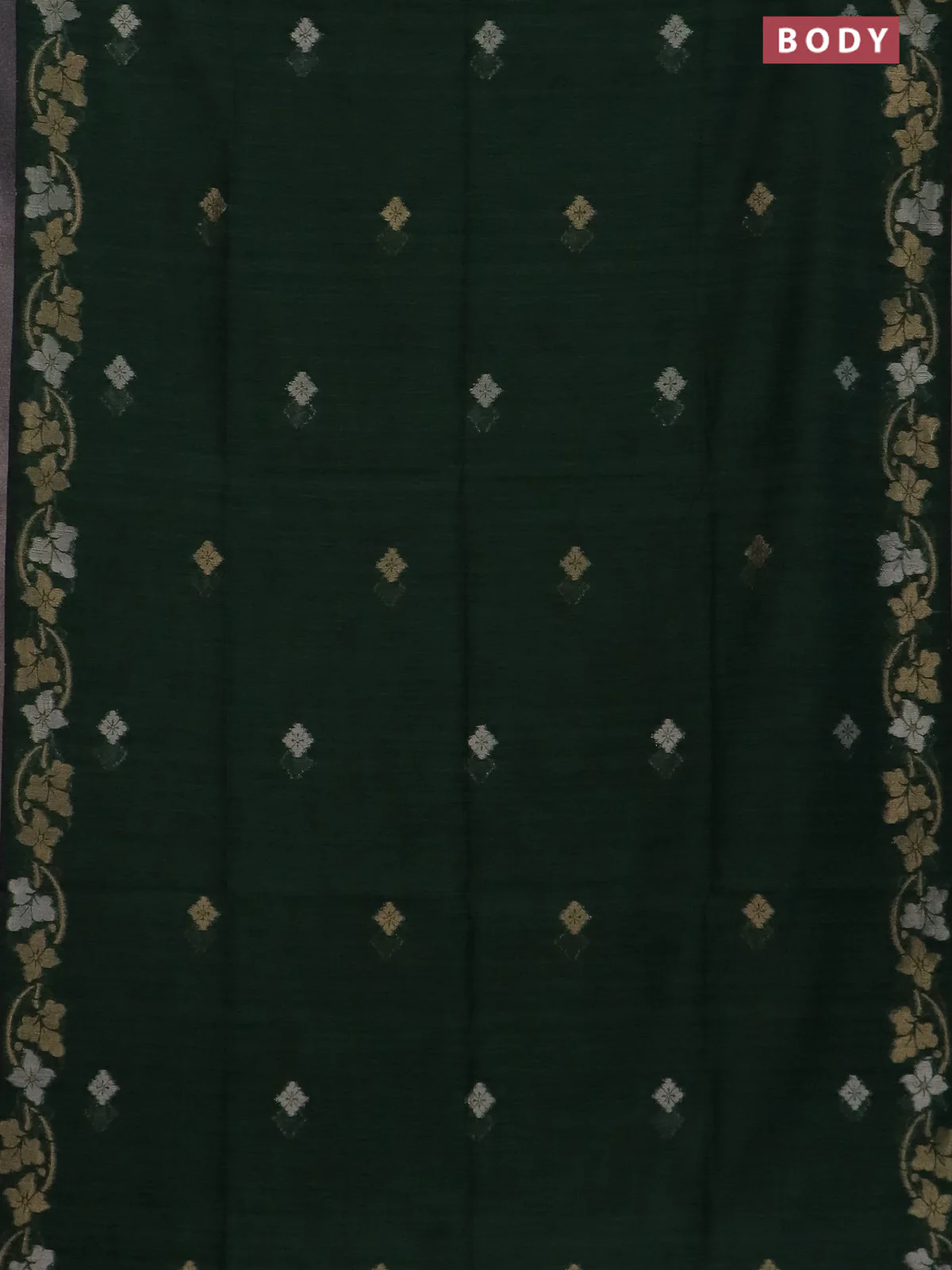 Semi jute linen saree bottle green with silver & gold zari woven buttas and zari woven border - Image 2