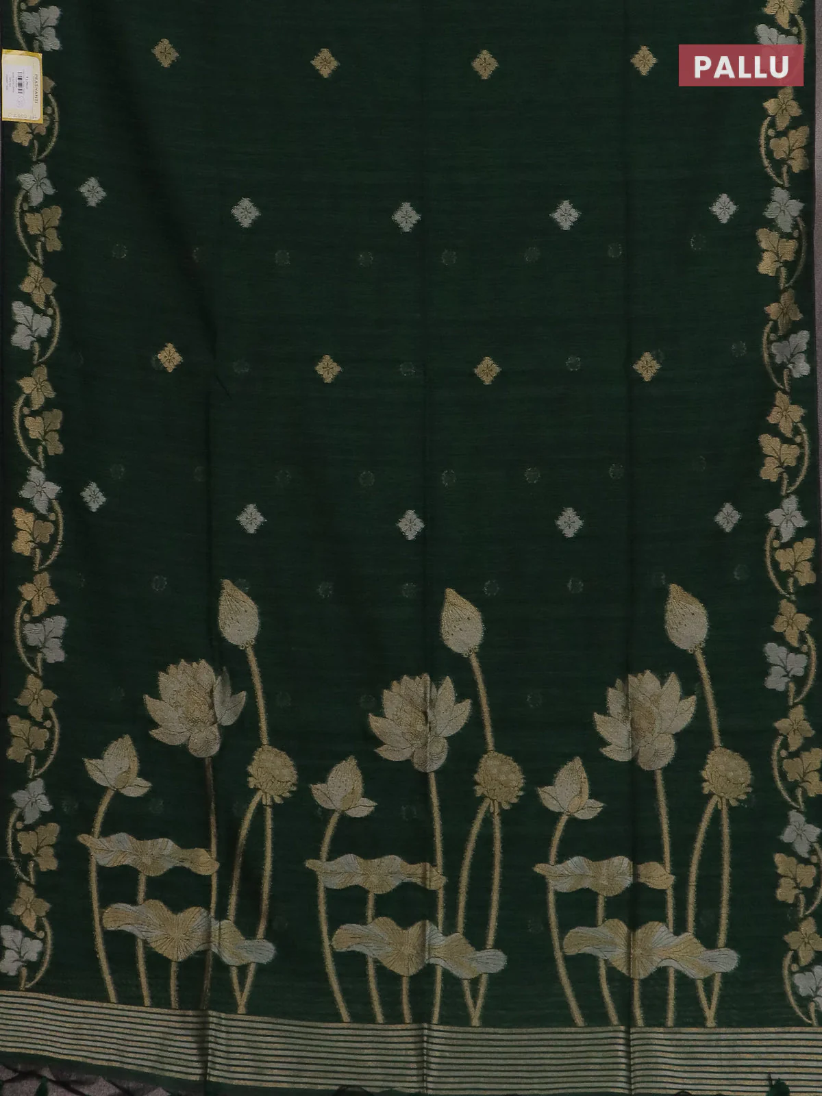 Semi jute linen saree bottle green with silver & gold zari woven buttas and zari woven border - Image 3