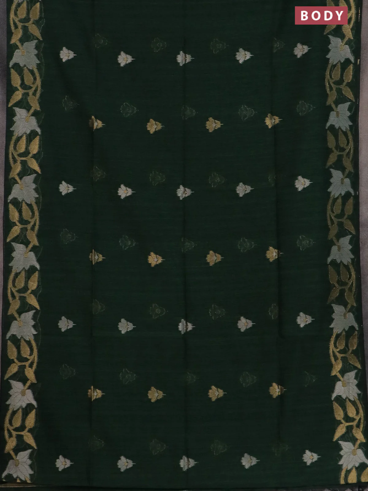 Semi jute linen saree bottle green with zari woven floral buttas and zari woven border - Image 2