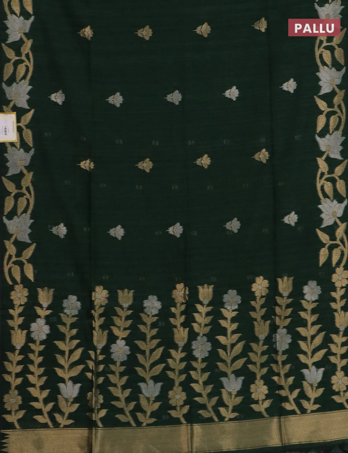 Semi jute linen saree bottle green with zari woven floral buttas and zari woven border - Image 3