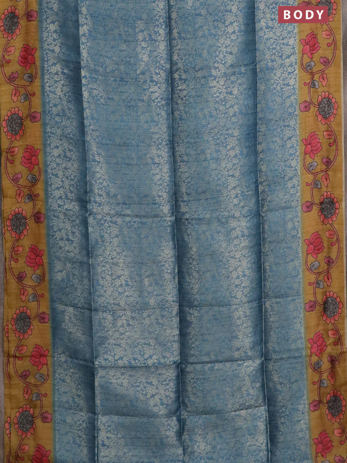 Semi jute silk saree bluish grey and mustard yellow with allover zari woven brocade weaves and kalamkari printed pallu - Image 2