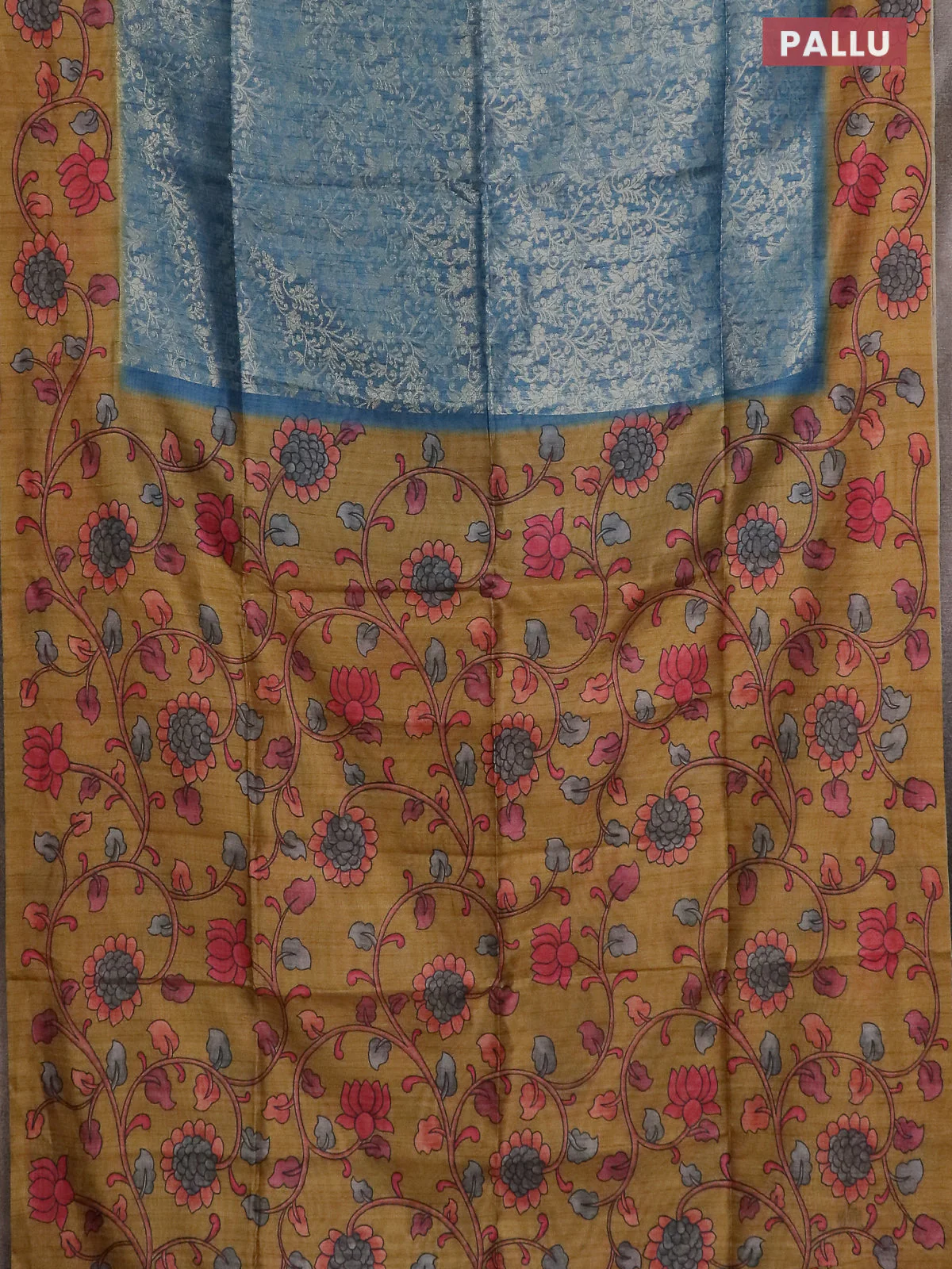 Semi jute silk saree bluish grey and mustard yellow with allover zari woven brocade weaves and kalamkari printed pallu - Image 3