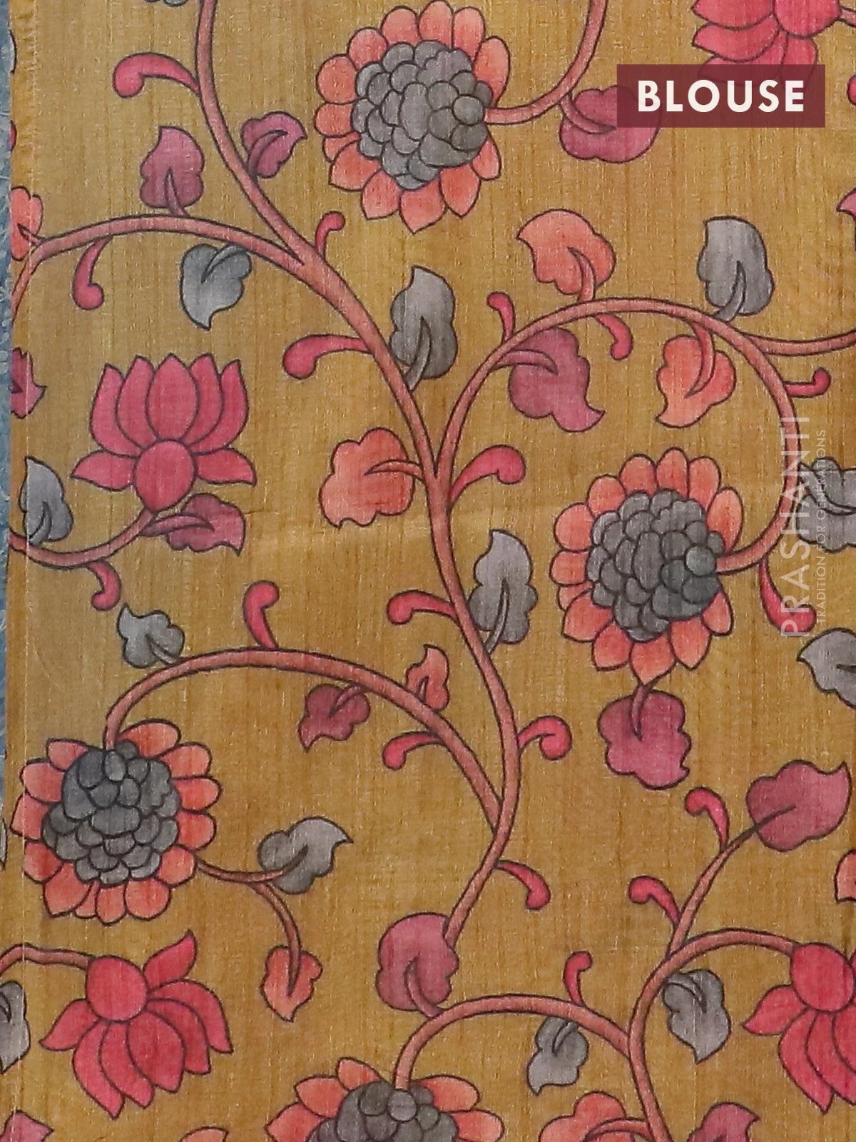 Semi jute silk saree bluish grey and mustard yellow with allover zari woven brocade weaves and kalamkari printed pallu - Image 4