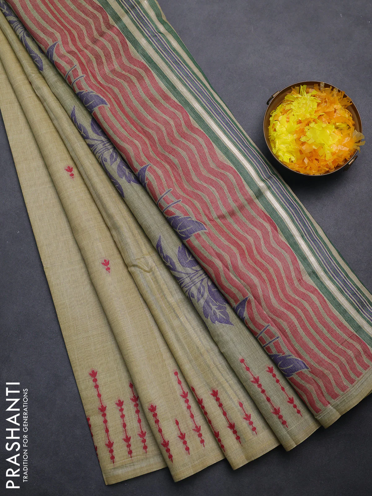 Semi jute silk saree elaichi green and green with thread woven buttas and floral design weaving pallu