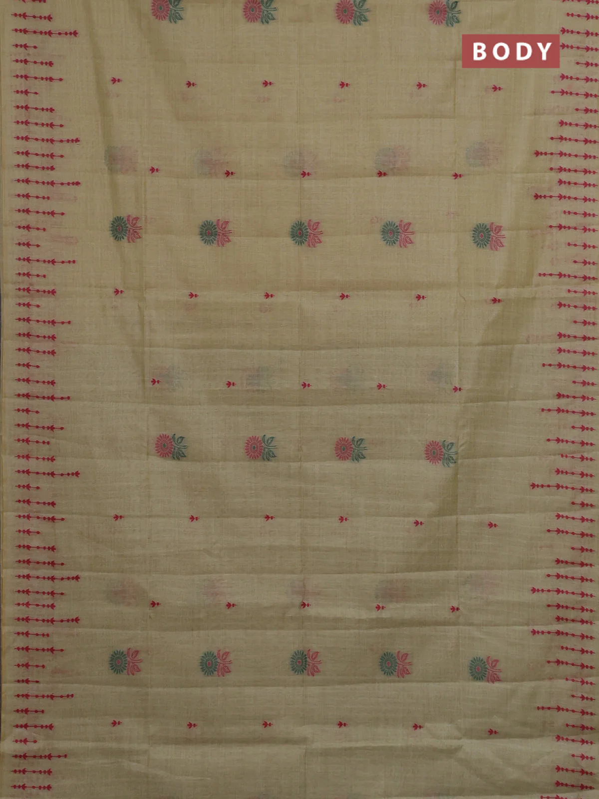 Semi jute silk saree elaichi green and green with thread woven buttas and floral design weaving pallu - Image 2