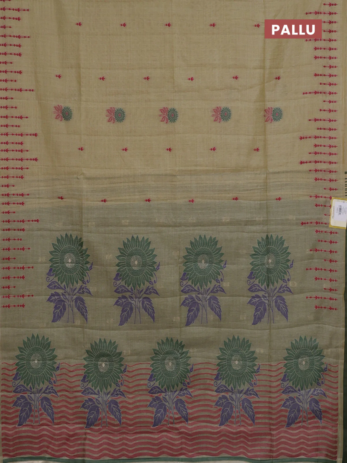 Semi jute silk saree elaichi green and green with thread woven buttas and floral design weaving pallu - Image 3