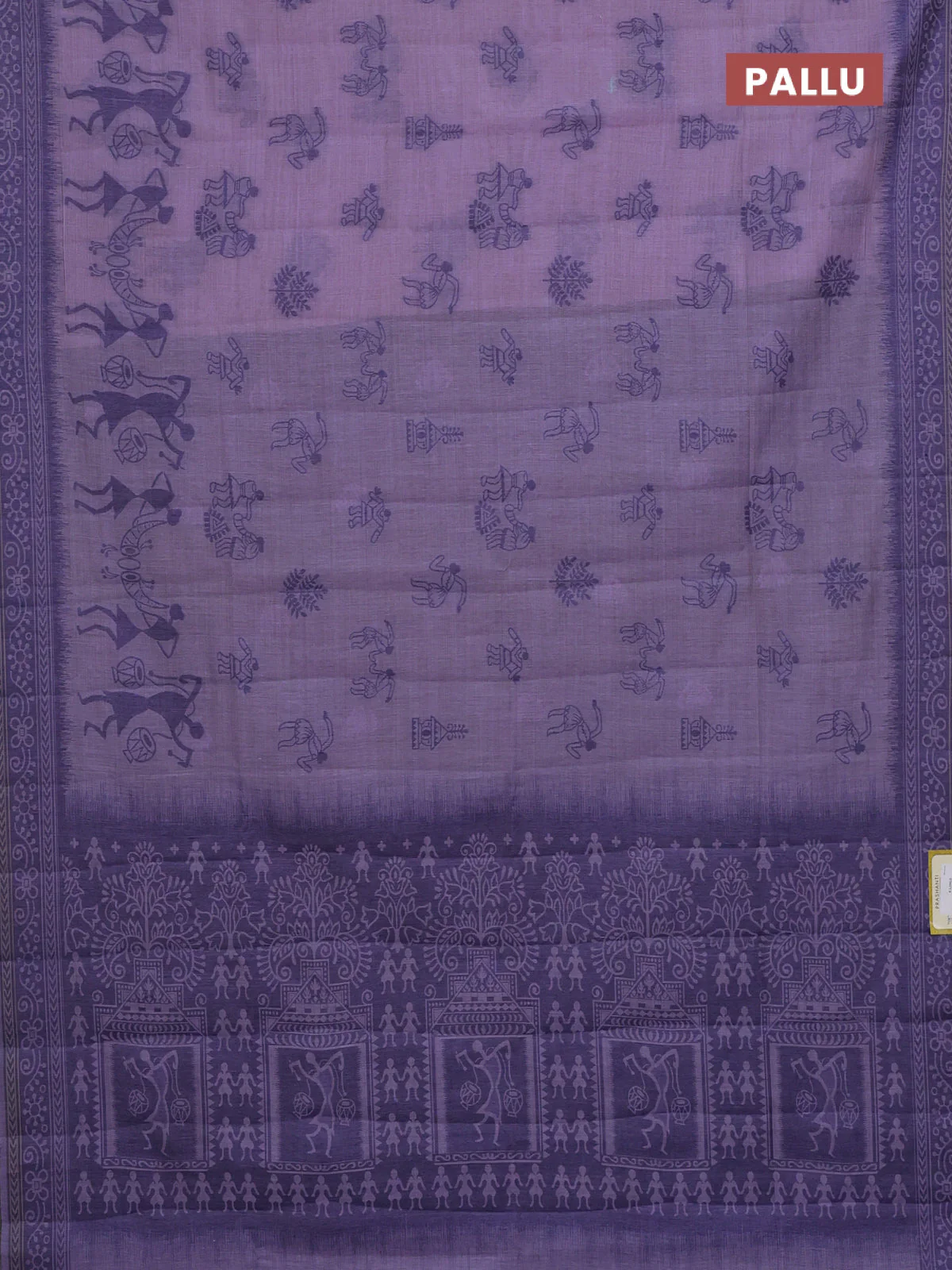 Semi jute silk saree lavender and blue with thread woven buttas and warli design weaving pallu - Image 3