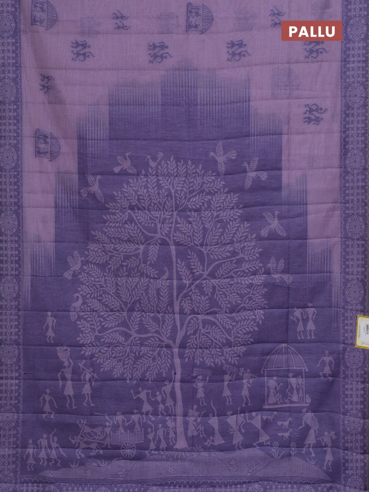 Semi jute silk saree lavender and blue with thread woven warli buttas and warli design weaving pallu - Image 3
