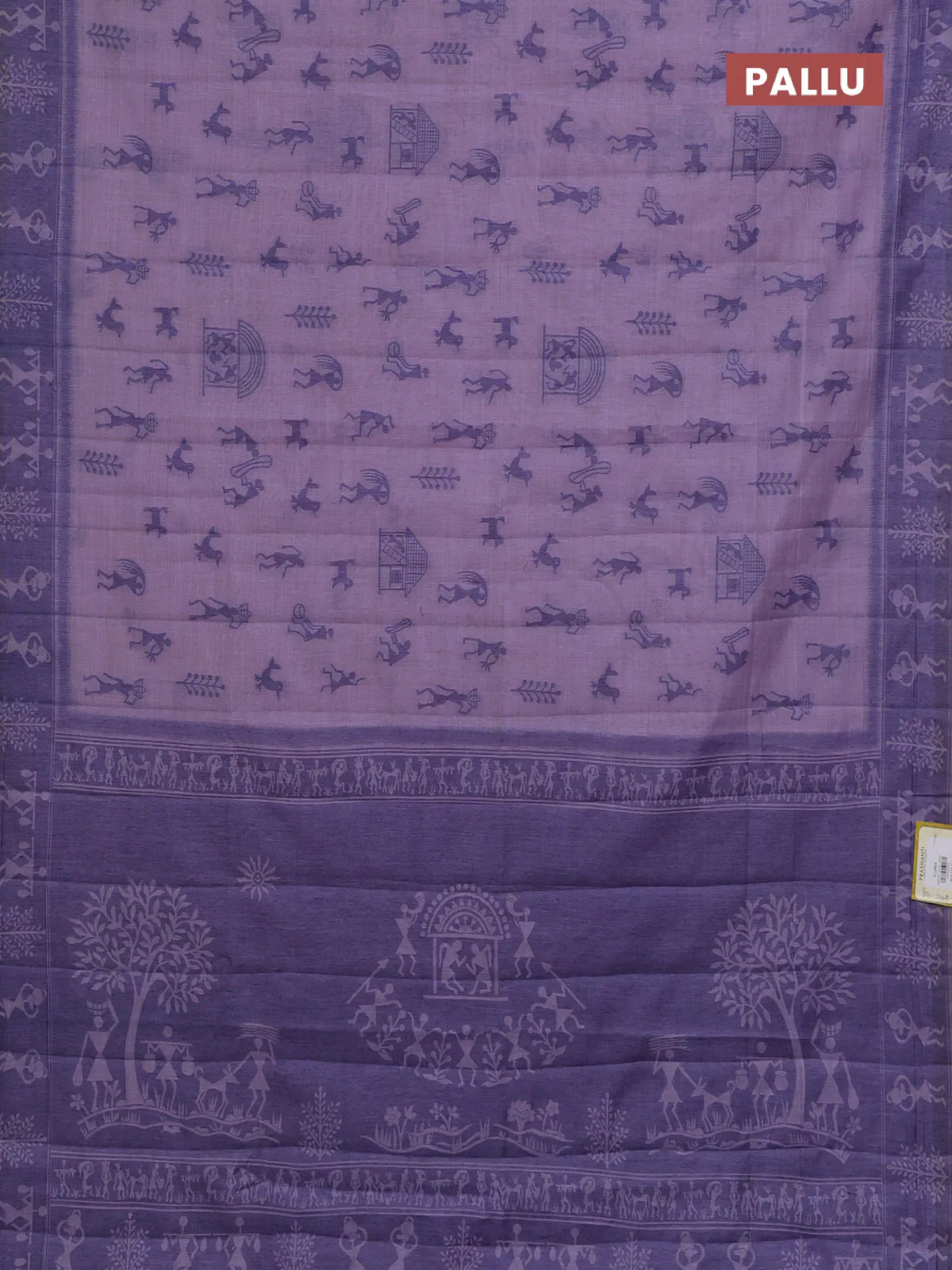 Semi jute silk saree lavender and violet with warli thread woven buttas and warli design weaving pallu - Image 3