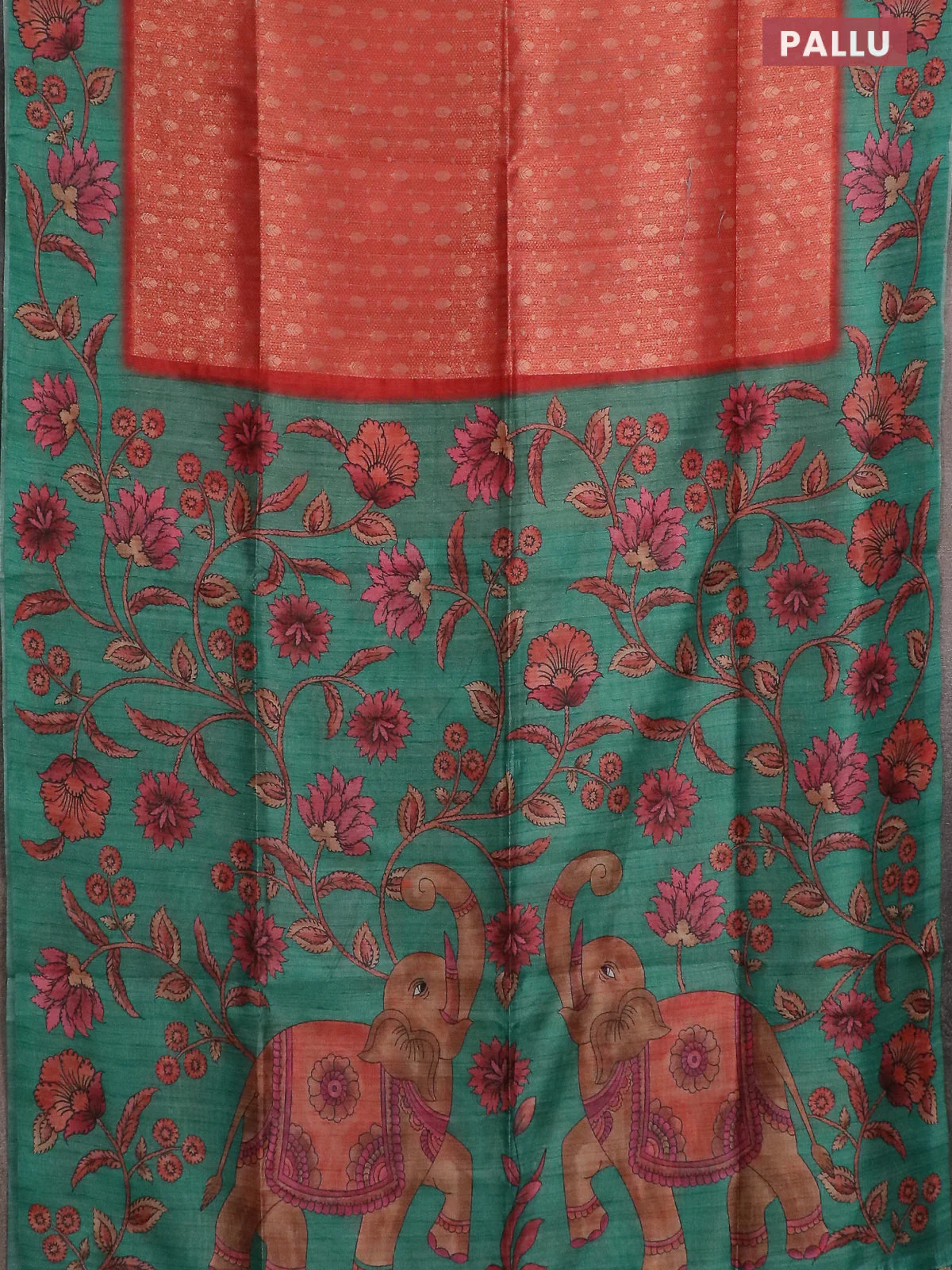 Semi jute silk saree maroon and teal green with allover zari woven brocade weaves and kalamkari printed pallu - Image 3