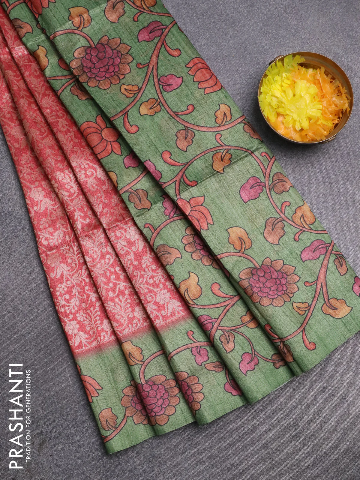 Semi jute silk saree maroon shade and green with allover zari woven brocade weaves and kalamkari printed pallu