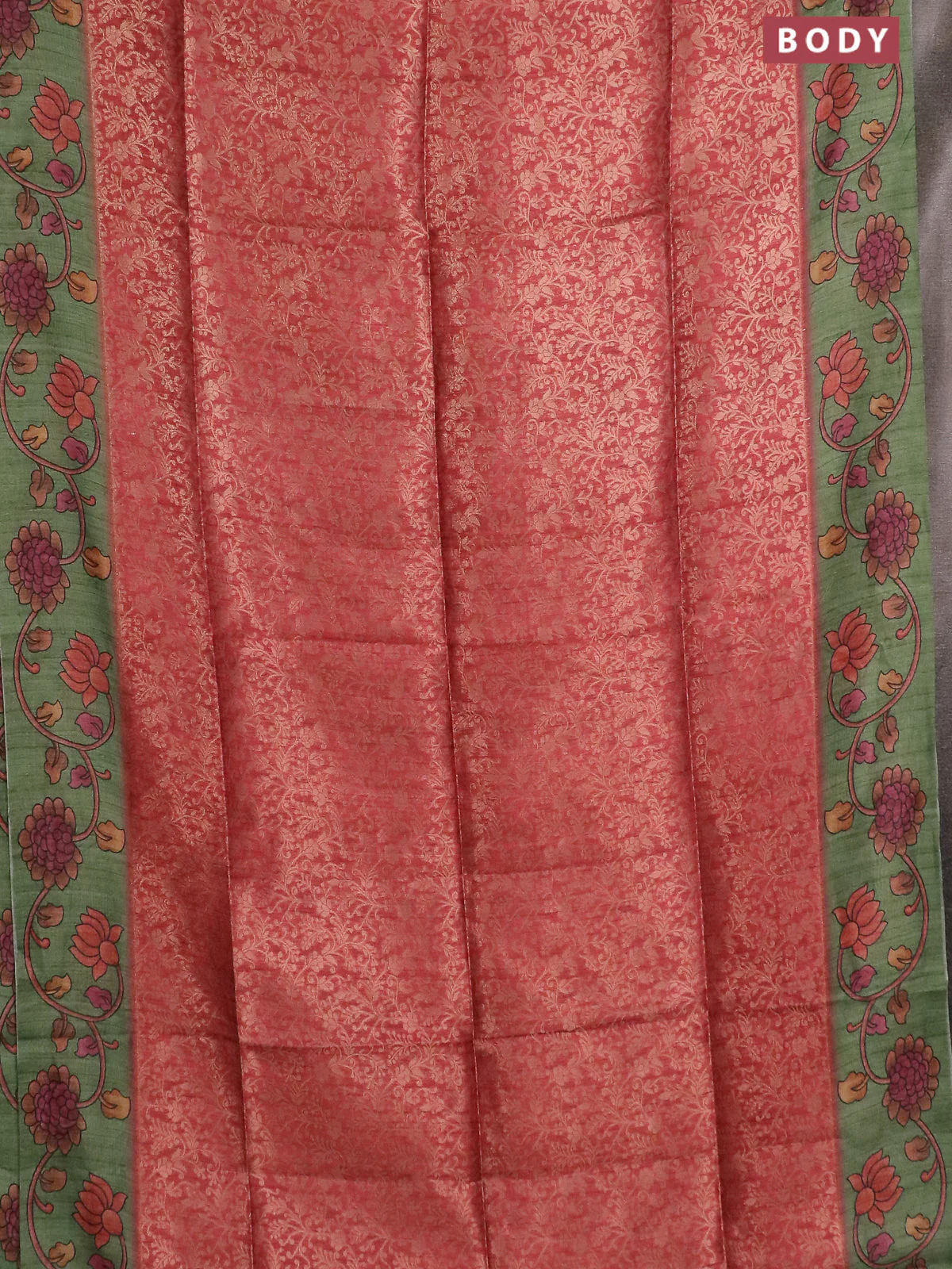 Semi jute silk saree maroon shade and green with allover zari woven brocade weaves and kalamkari printed pallu - Image 2