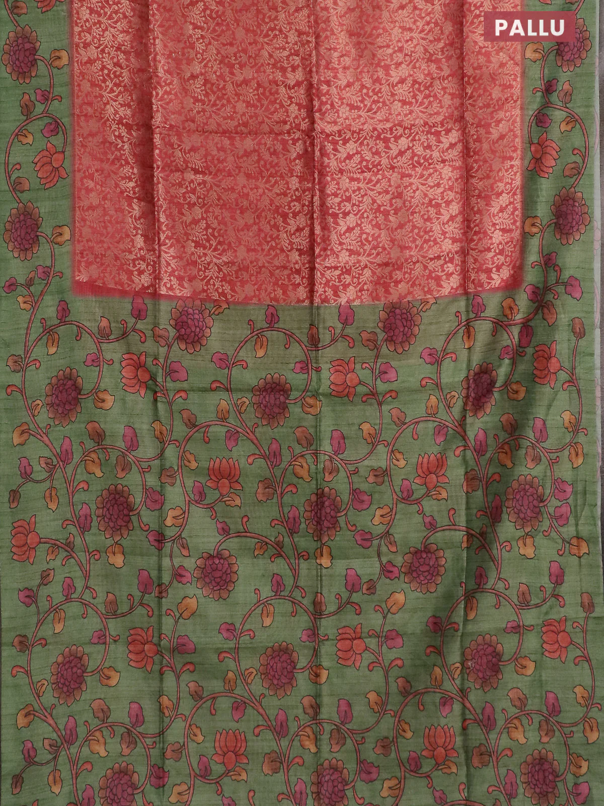 Semi jute silk saree maroon shade and green with allover zari woven brocade weaves and kalamkari printed pallu - Image 3
