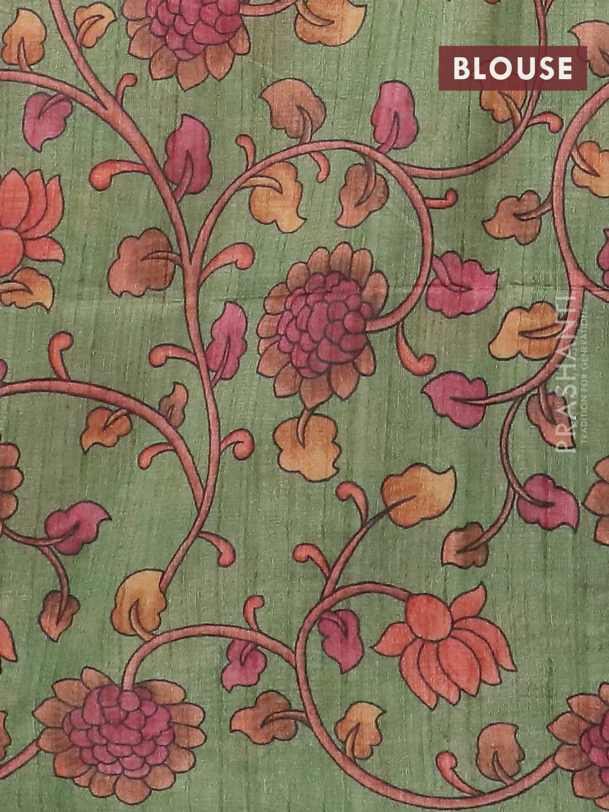 Semi jute silk saree maroon shade and green with allover zari woven brocade weaves and kalamkari printed pallu - Image 4