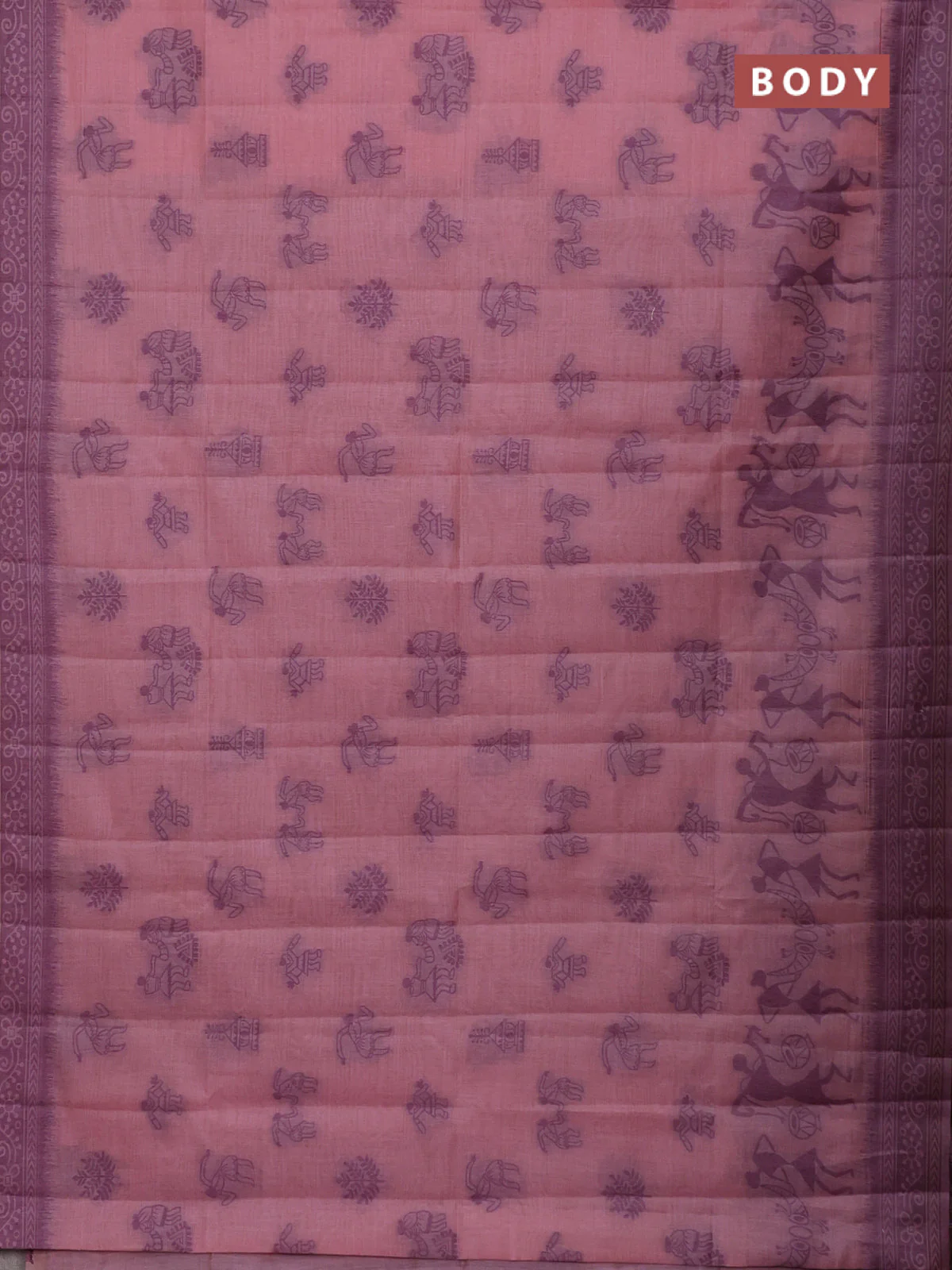 Semi jute silk saree mild peach pink and purple with thread woven buttas and warli design weaving pallu - Image 2