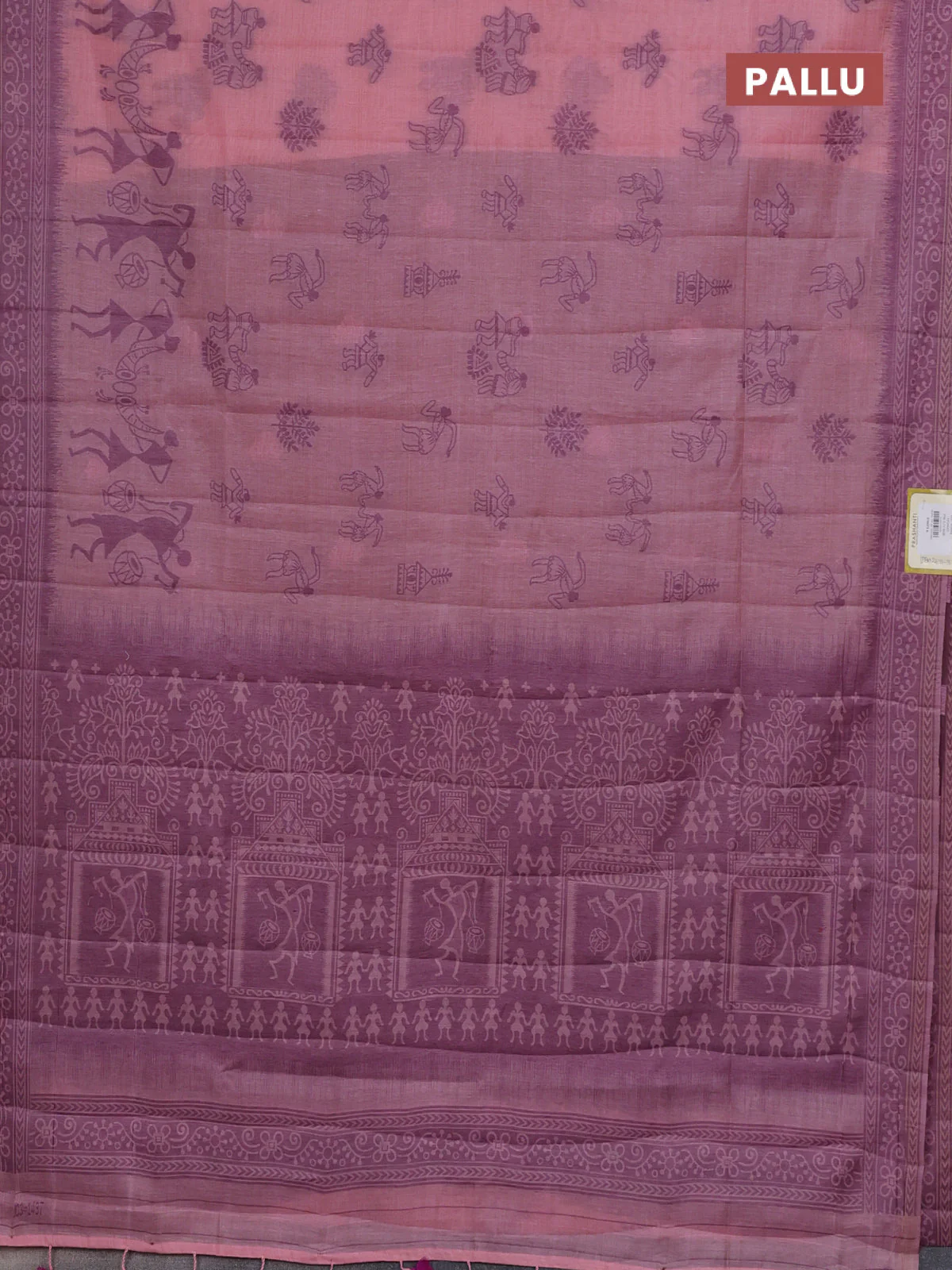 Semi jute silk saree mild peach pink and purple with thread woven buttas and warli design weaving pallu - Image 3