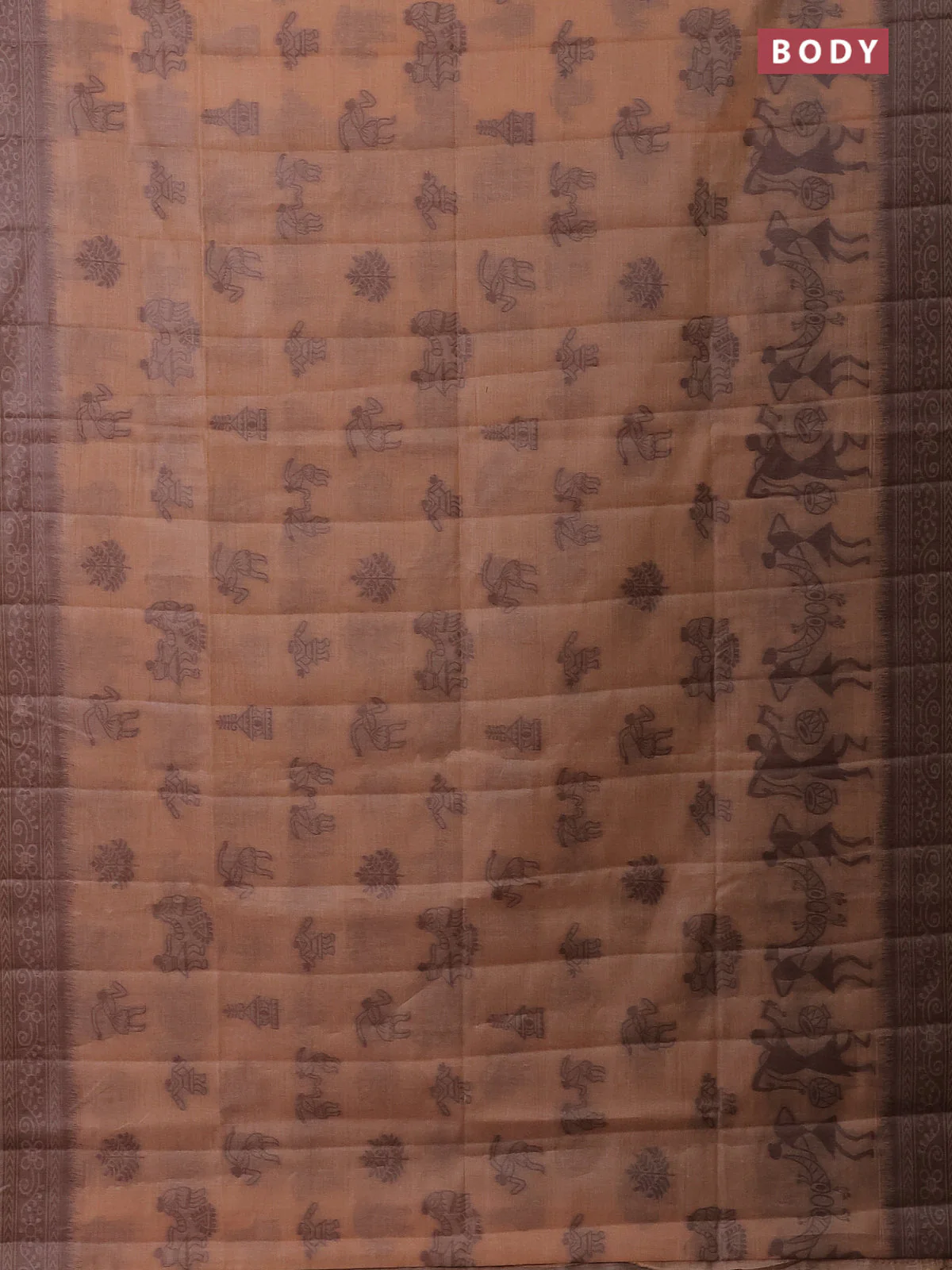 Semi jute silk saree pale orange and brown with thread woven buttas and warli design weaving pallu - Image 2