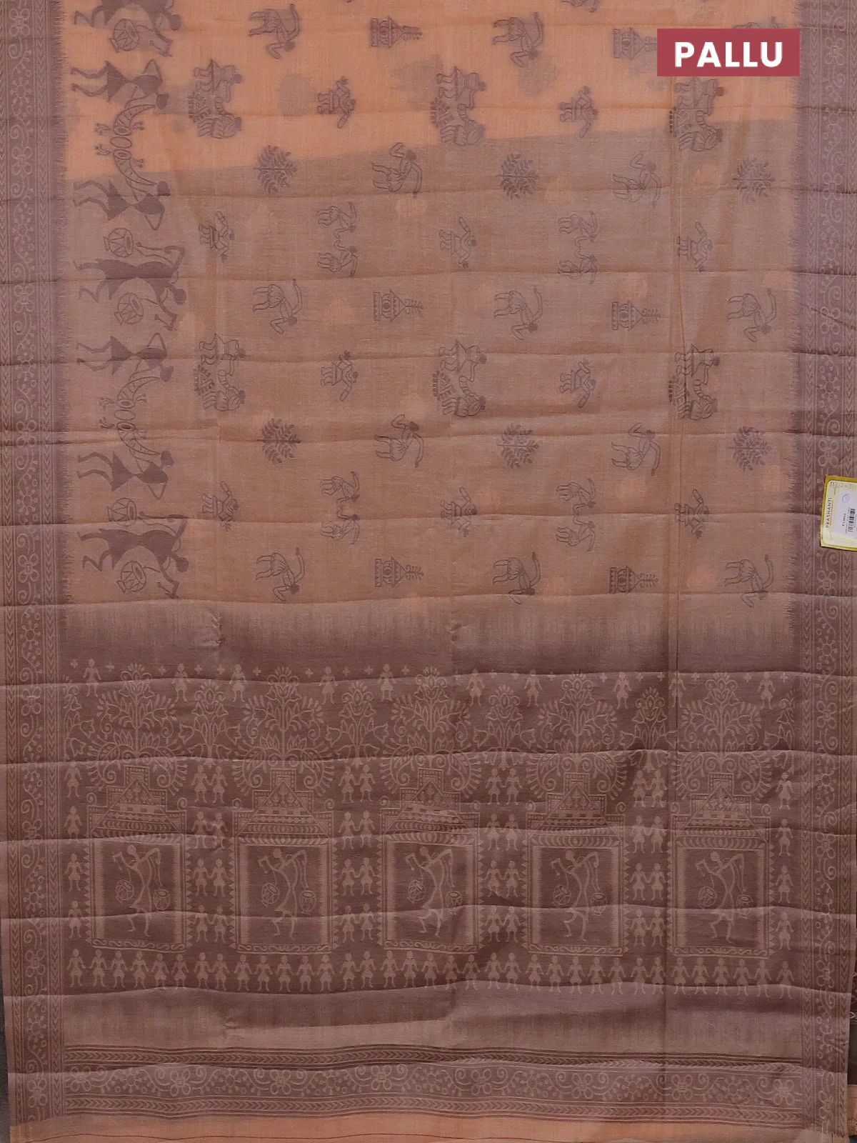 Semi jute silk saree pale orange and brown with thread woven buttas and warli design weaving pallu - Image 3