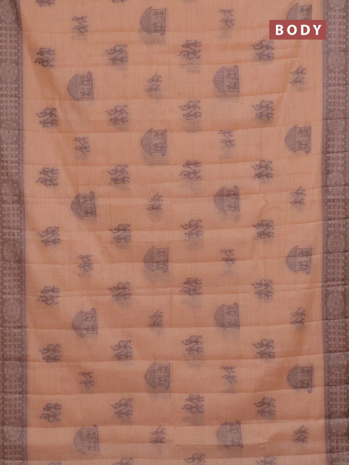 Semi jute silk saree pale orange and brown with thread woven warli buttas and warli design weaving pallu - Image 2