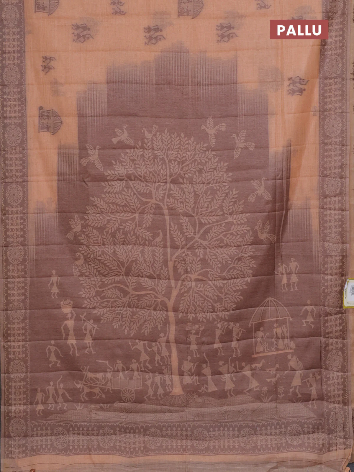 Semi jute silk saree pale orange and brown with thread woven warli buttas and warli design weaving pallu - Image 3