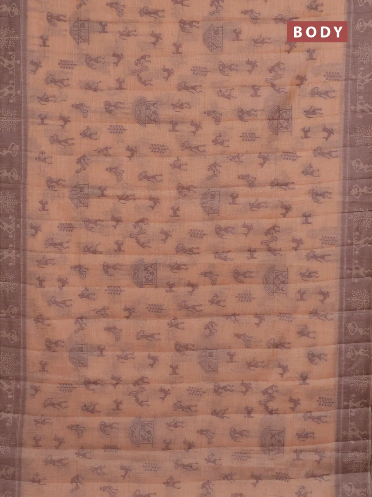 Semi jute silk saree pale orange and brown with warli thread woven buttas and warli design weaving pallu - Image 2